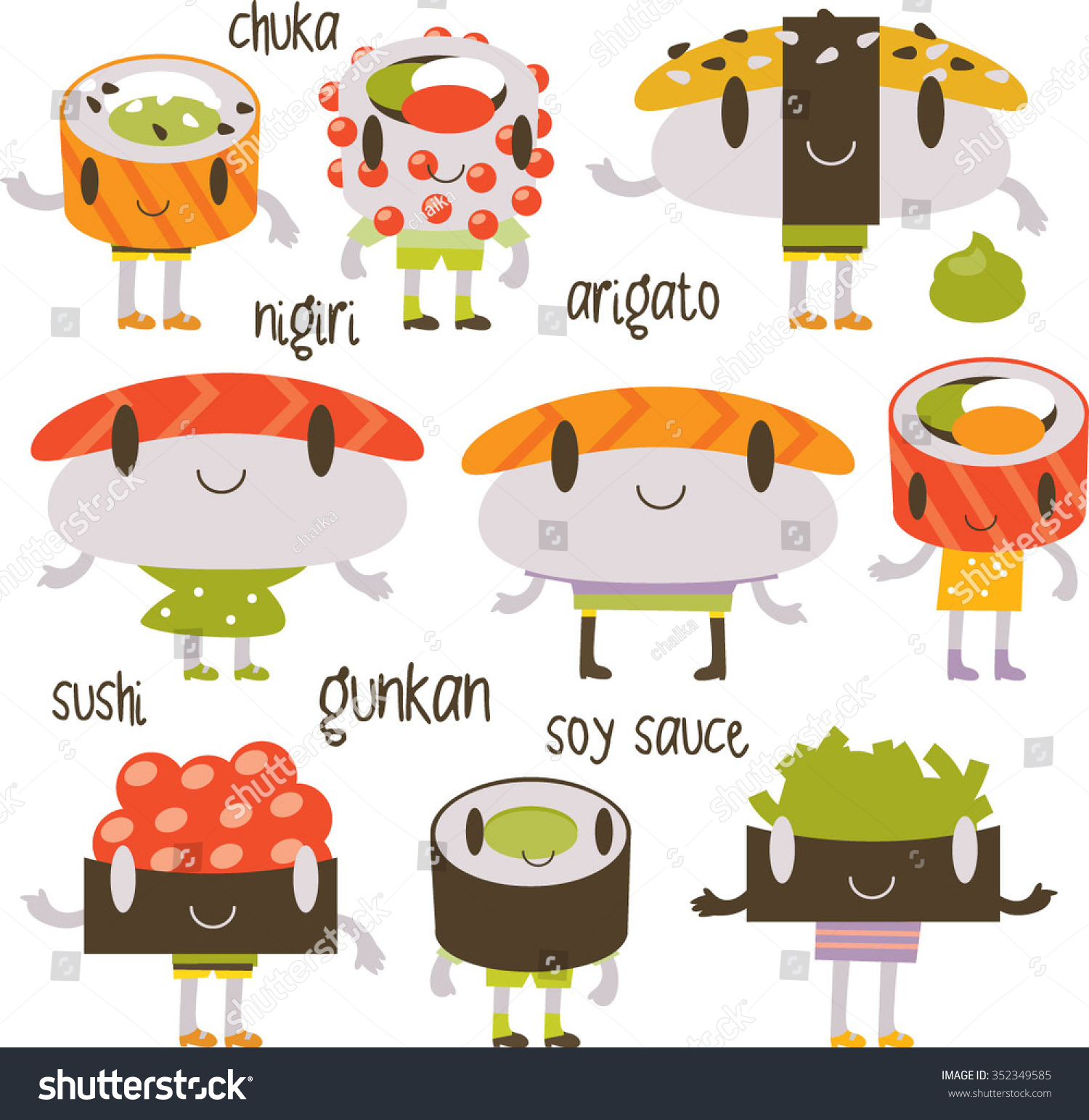 Vector Cartoon Funny Comic Cute Sushi. Gunkan, Nigiri And Rolls On A ...