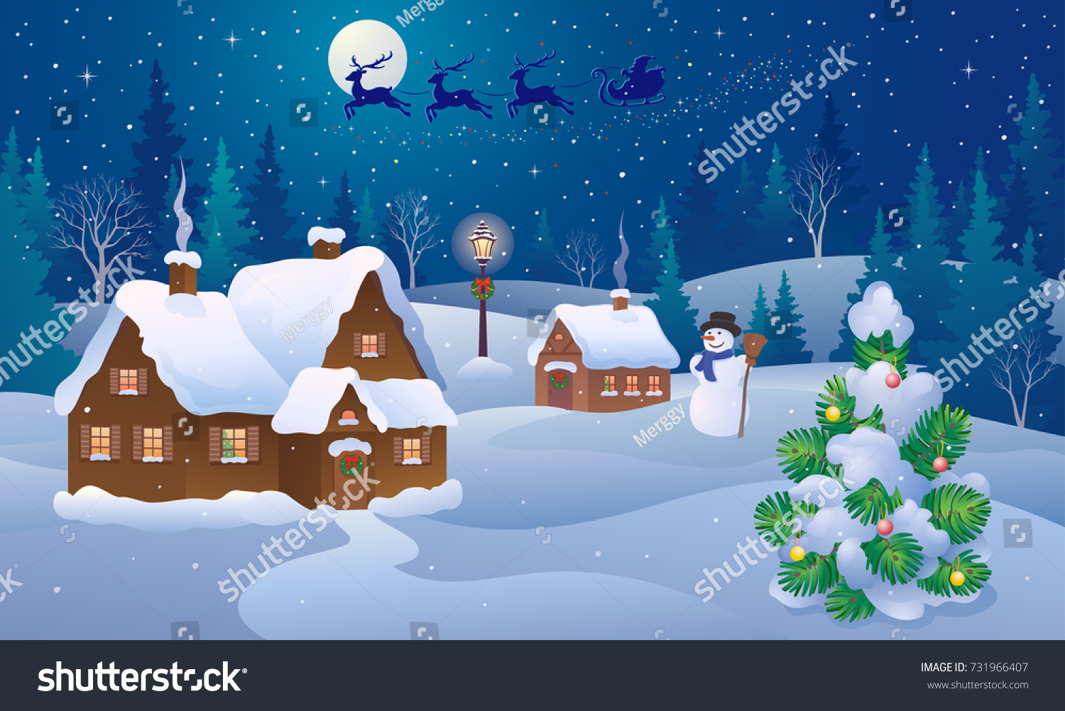 Vector Cartoon Illustration Christmas Night Landscape Stock Vector