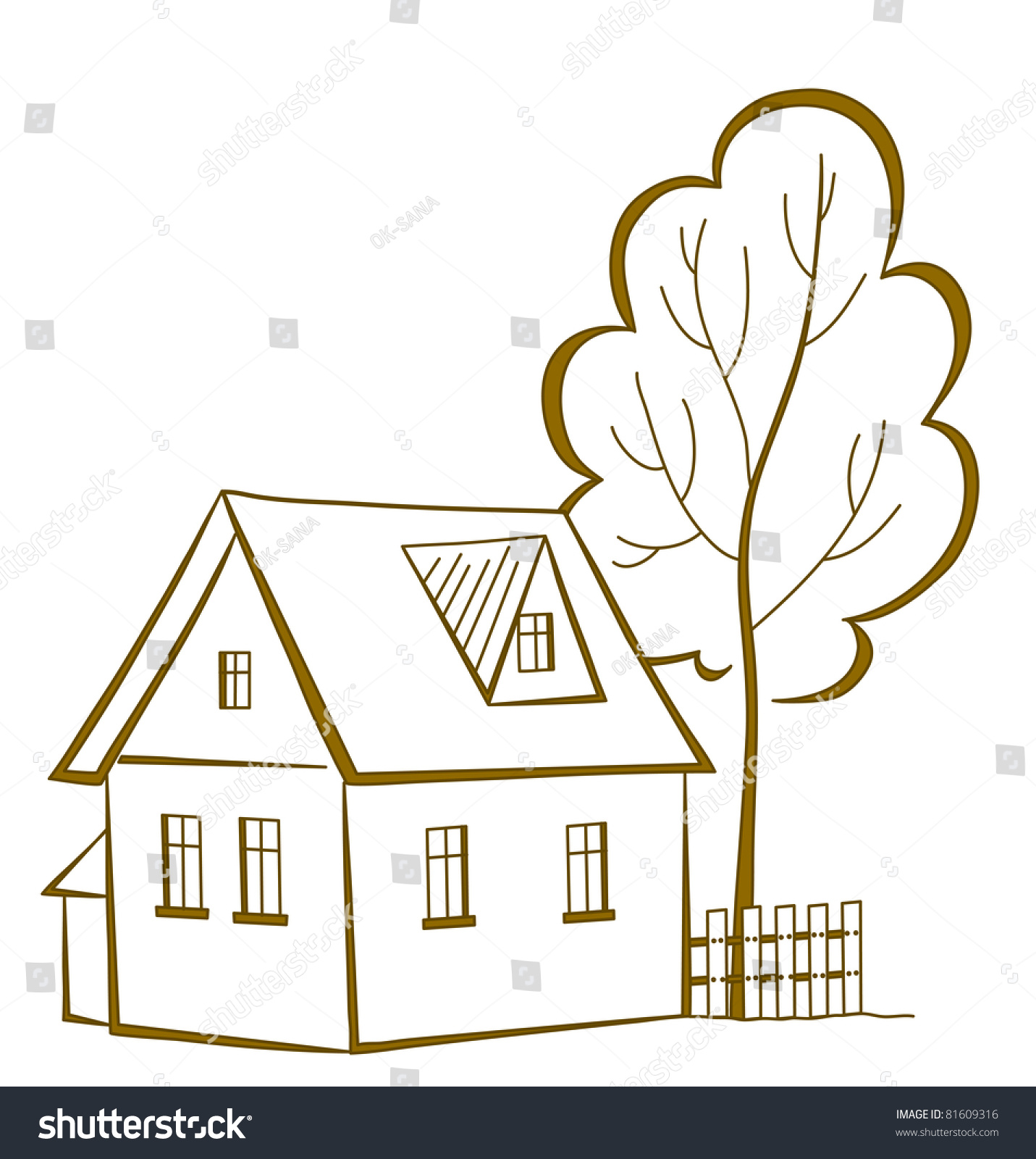 Vector Cartoon Landscape Country House Tree Stock Vector (Royalty Free