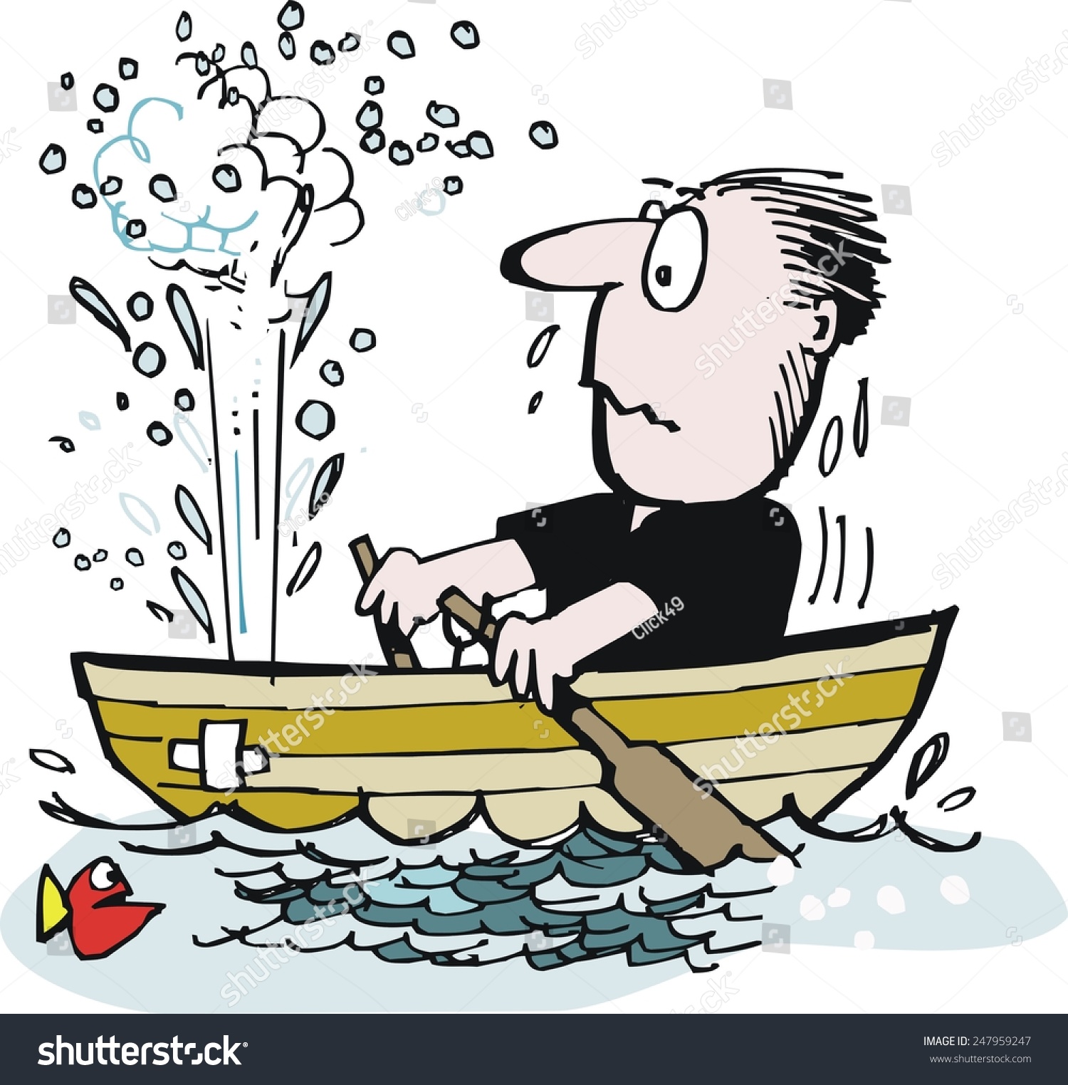 Vector cartoon of man trying to row leaky boat in ocean