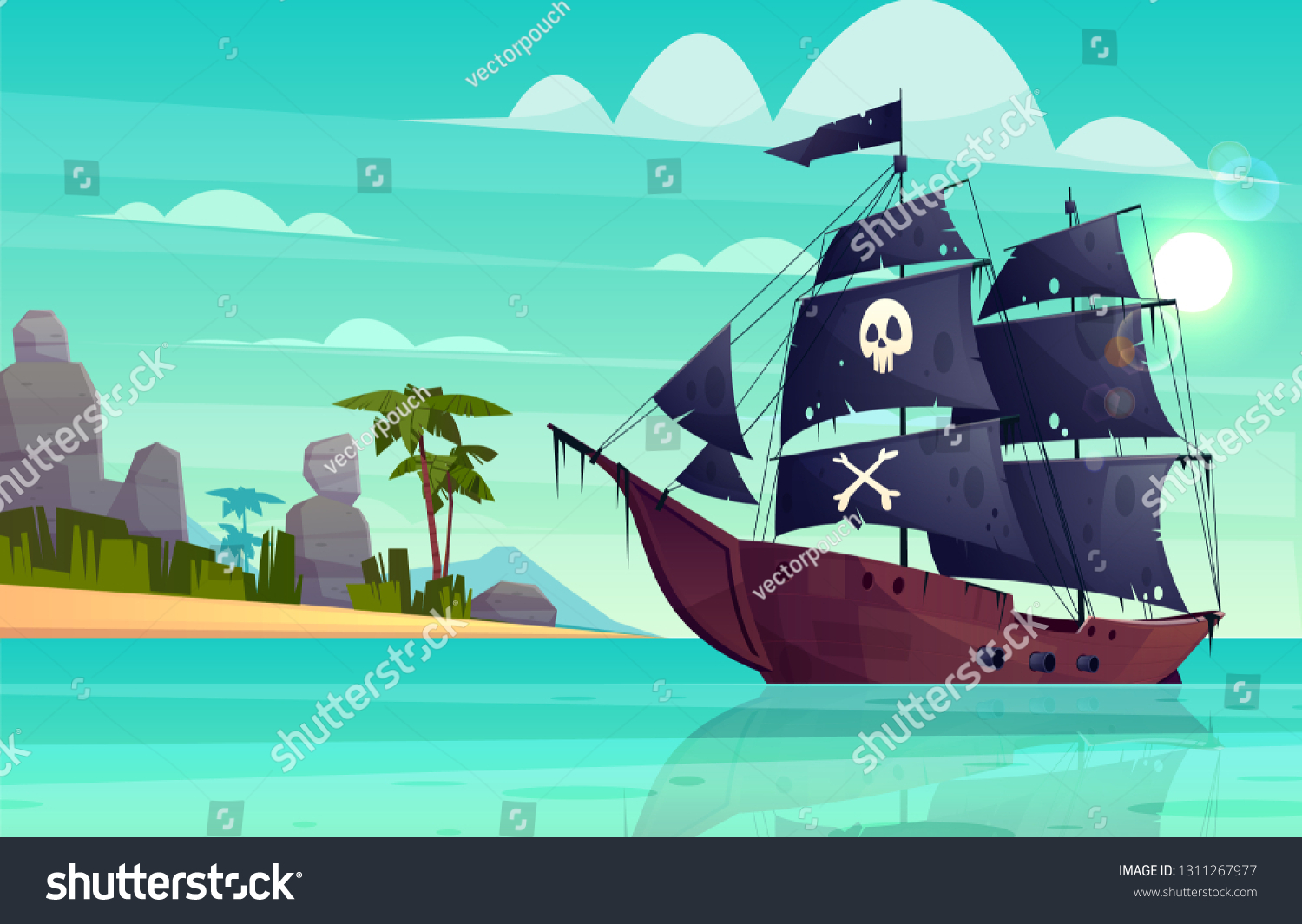 SVG of Vector cartoon pirate ship on water, sand beach of the bay. Wooden boat with black sails, cannons goes to the island. Corvette or frigate with skull and bones flag at sea, ocean. Old battleship, barge svg