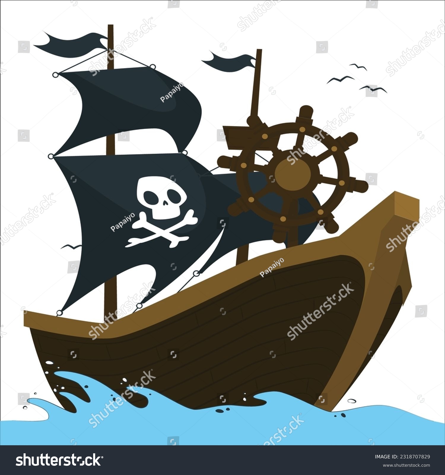 SVG of Vector cartoon pirate ship on water, sand beach of the bay. Wooden boat with black sails, cannons goes to the island. Corvette or frigate with skull and bones flag at sea, ocean. Old battleship, barge svg