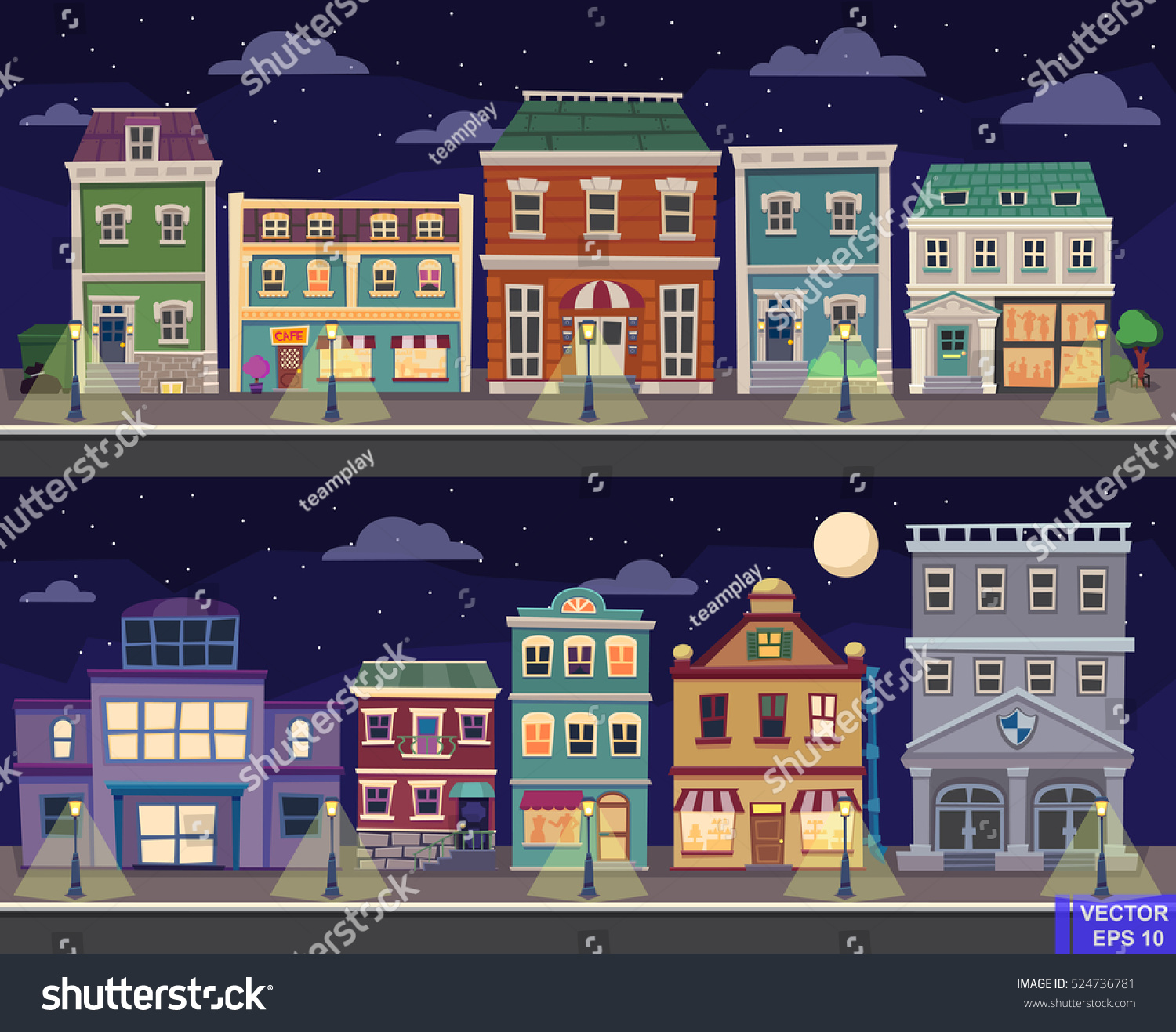 レトロなベクターイラストの街並みが風景に見えます 夜の町並み のベクター画像素材 ロイヤリティフリー