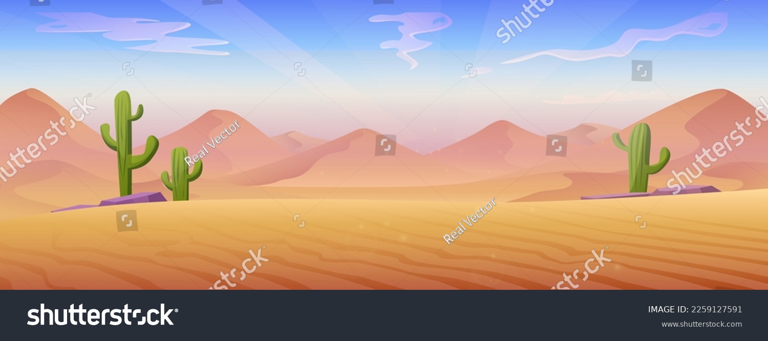 SVG of Vector cartoon style illustration. Desert landscape with sand dunes and stones with cactuses. svg