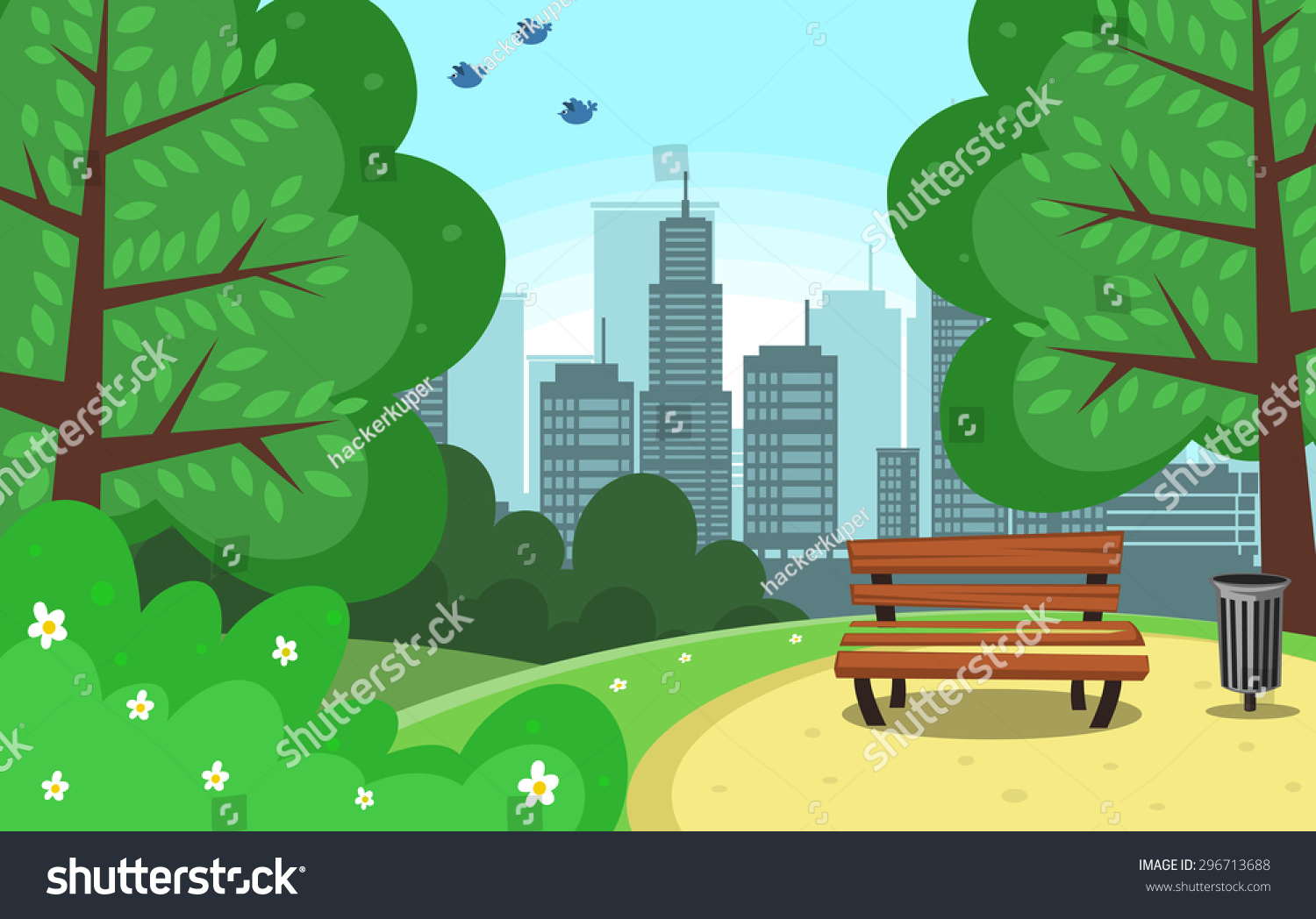 Vector Chair And Trash Can In Green Park With Town Building Background ...