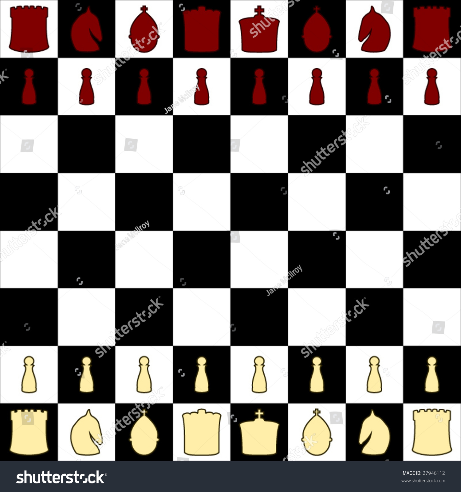 Vector Chess Board With Symbolic Pieces In Red And Cream Showing Opening Layout Vector Chess Board With Symbolic Pieces In Red And Cream Showing Opening Layout