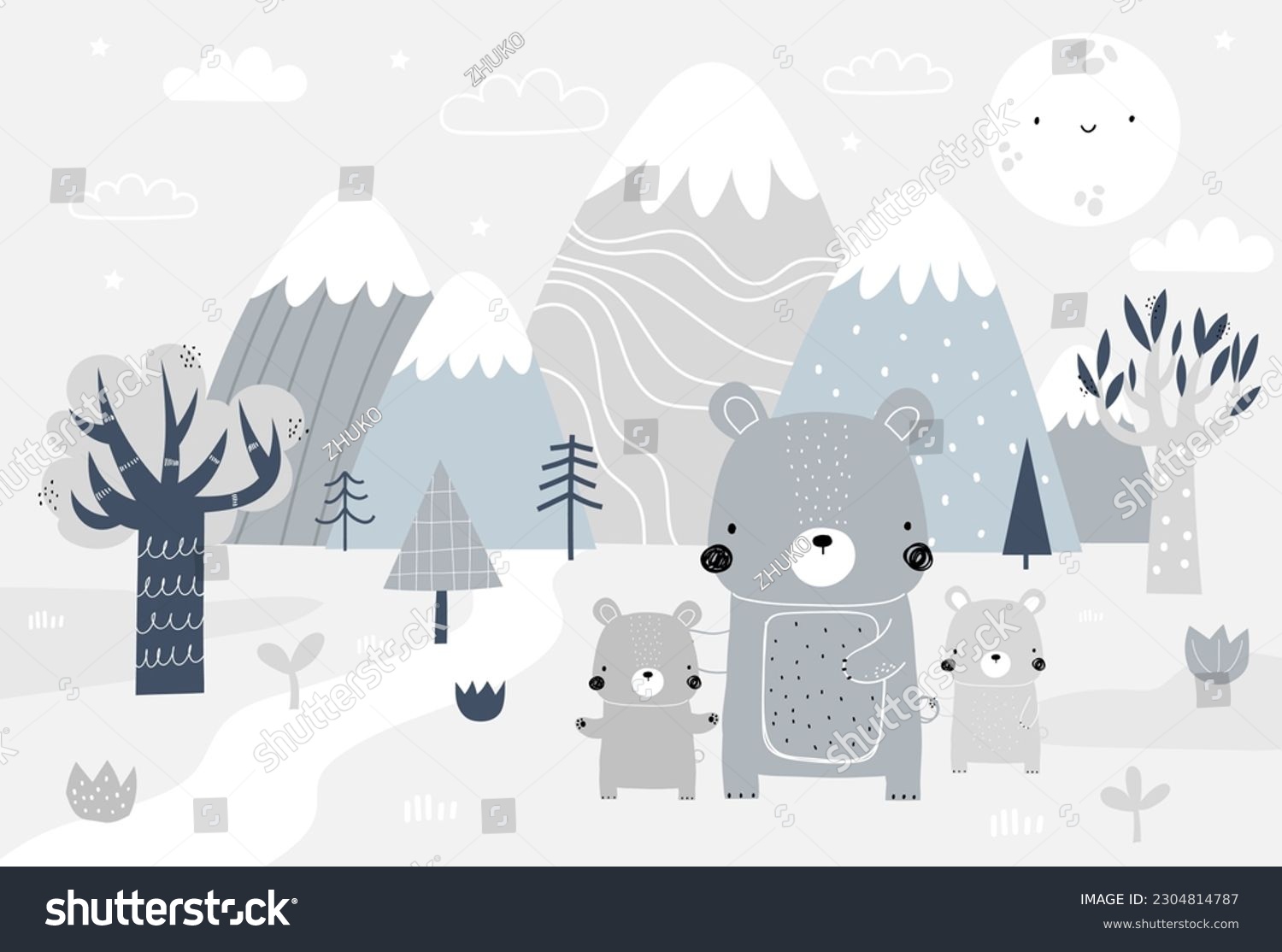 SVG of Vector children hand drawn mountain and cute bears illustration in scandinavian style. Mountain landscape, clouds. Children's forest wallpaper. Mountainscape, children's room design, wall decor. svg