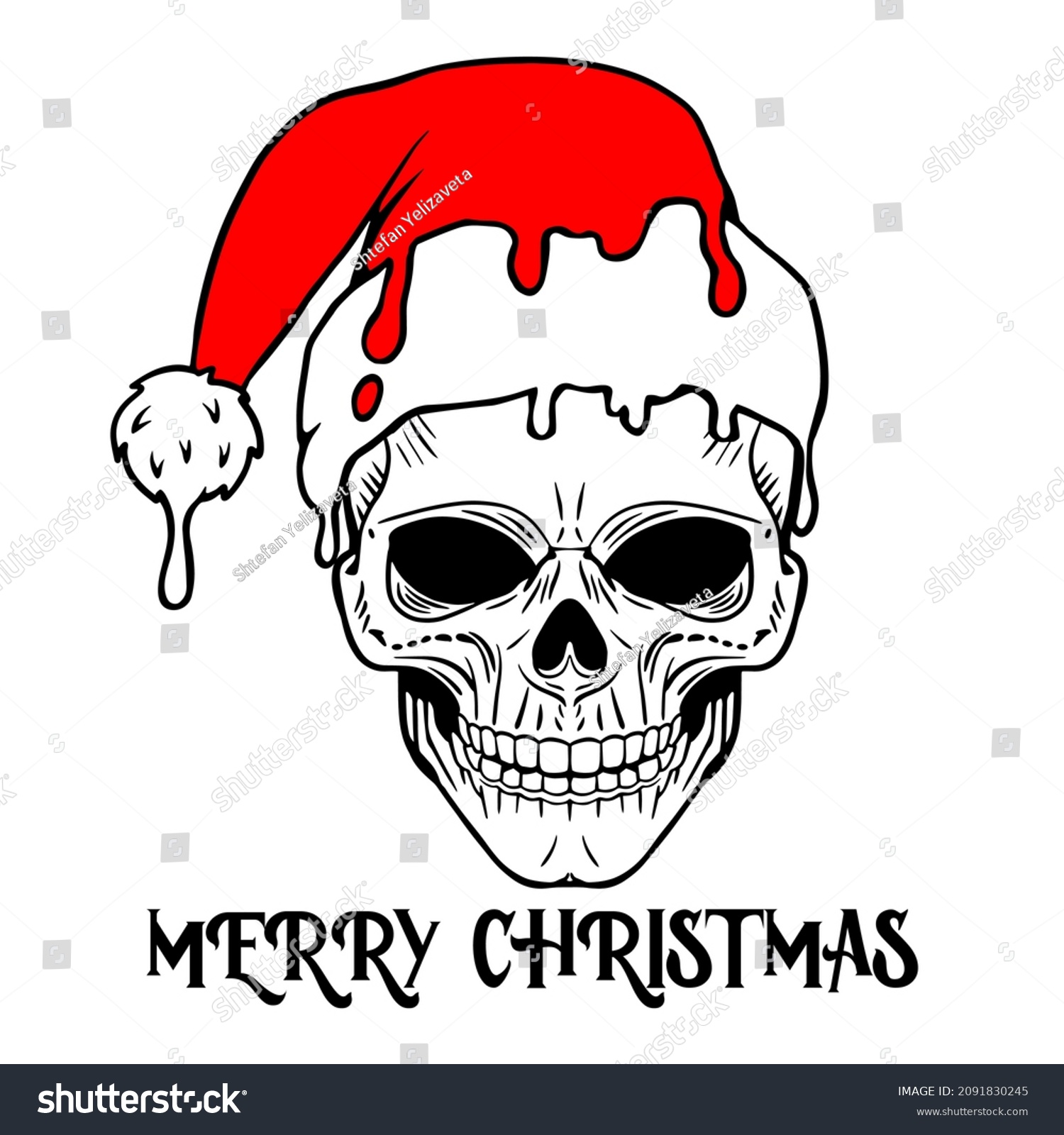 SVG of Vector Christmas skull illustration. Hand drawn skull in Santa hat. Inscription Merry Christmas. Print t shirt design. svg