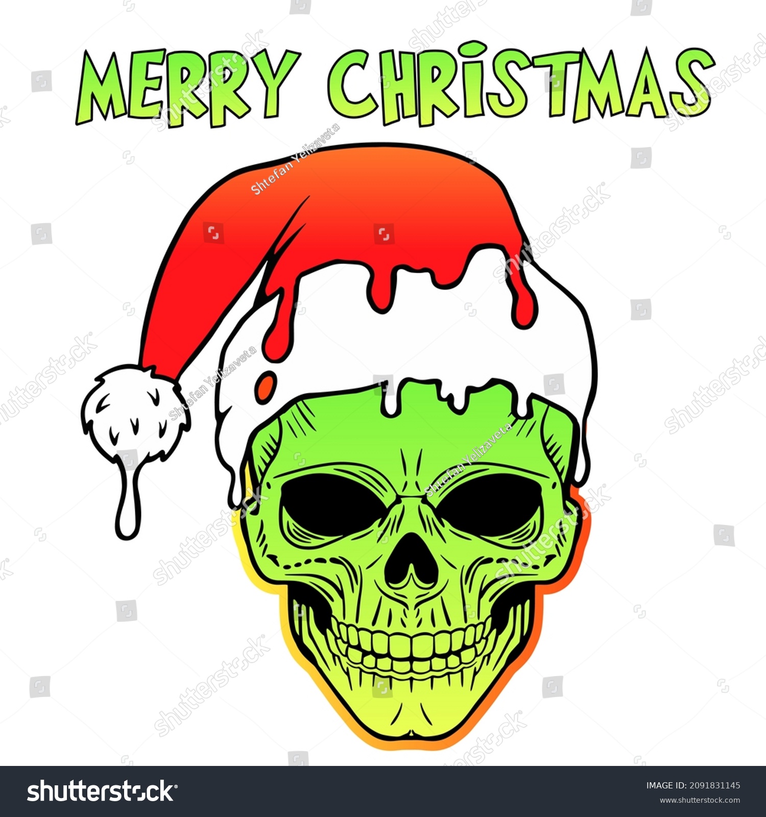 SVG of Vector Christmas skull illustration. Hand drawn skull in Santa hat. Inscription Merry Christmas. Print t shirt design. svg