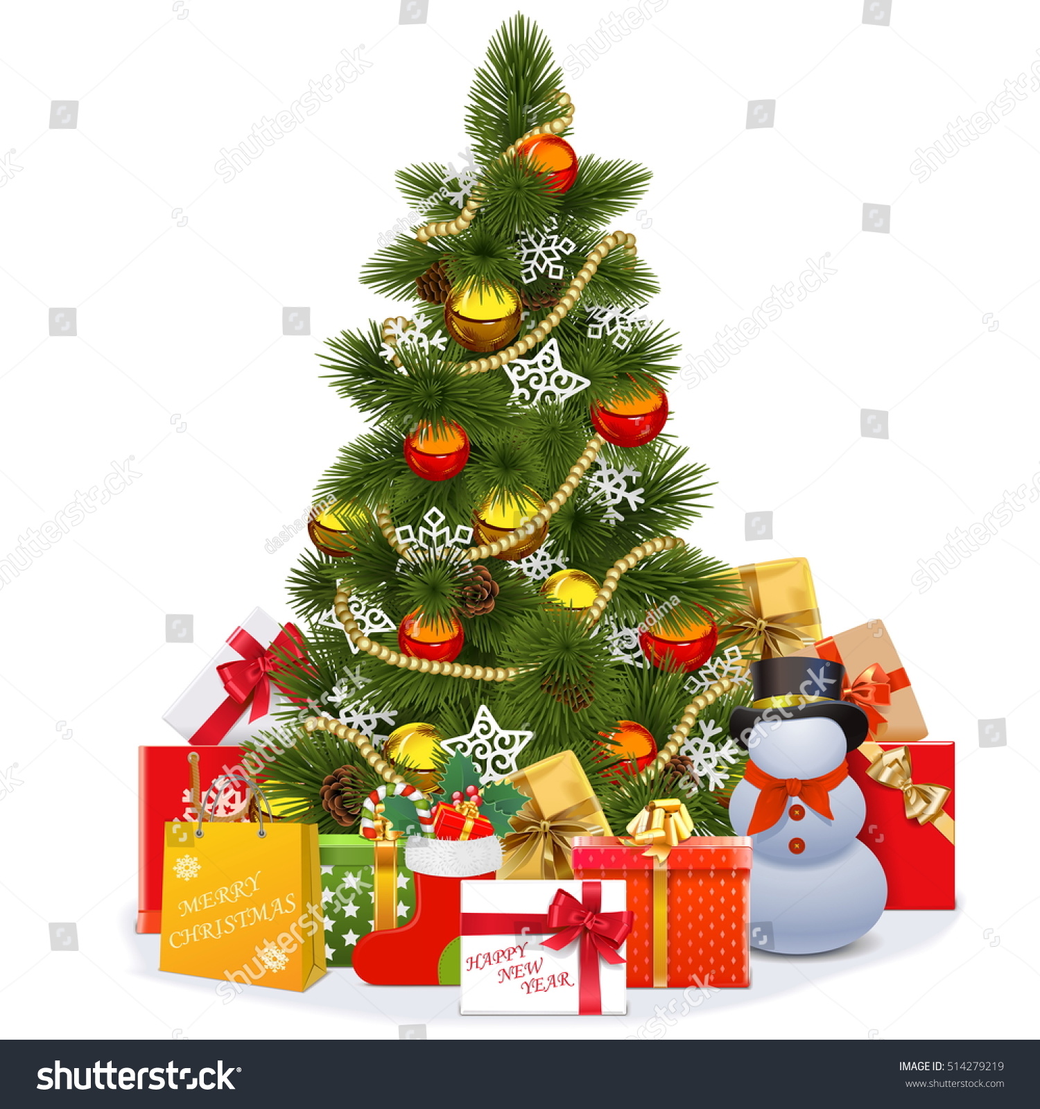 Vector Christmas Tree With Snowman - 514279219 : Shutterstock