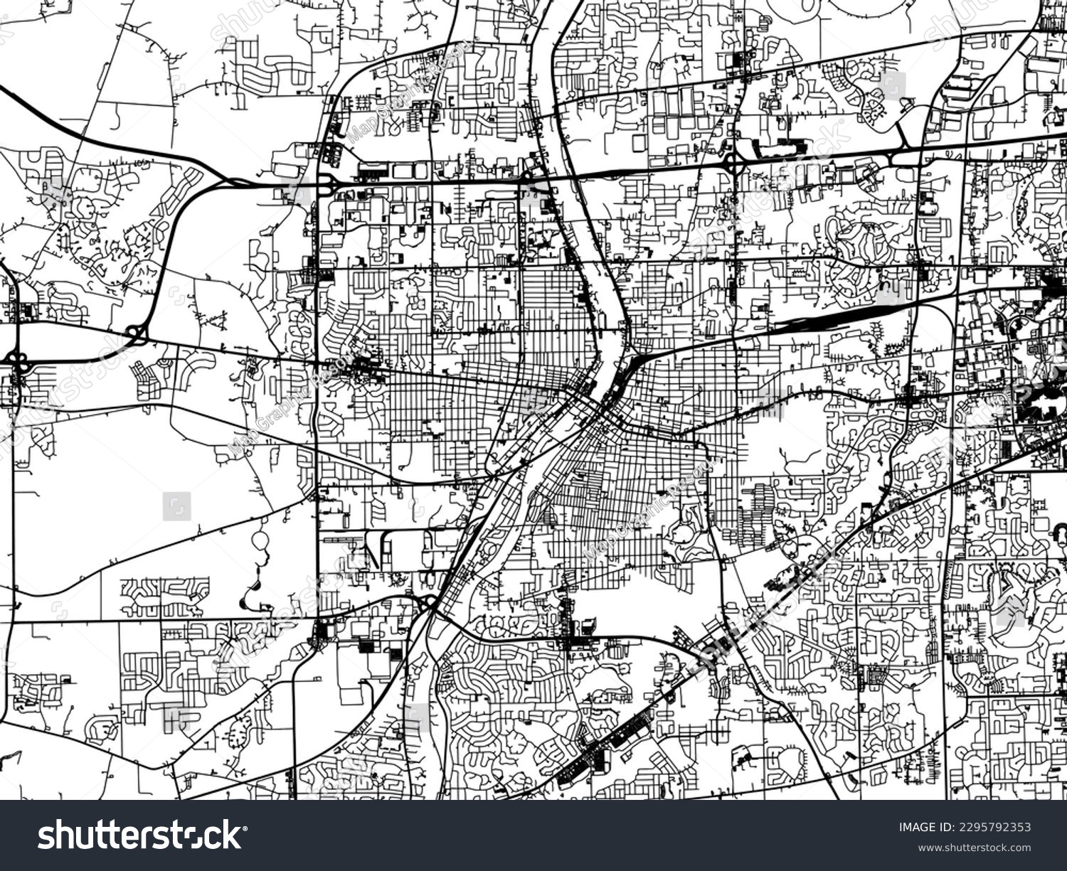 SVG of Vector city map of Aurora Illinois in the United States of America with black roads isolated on a white background. svg