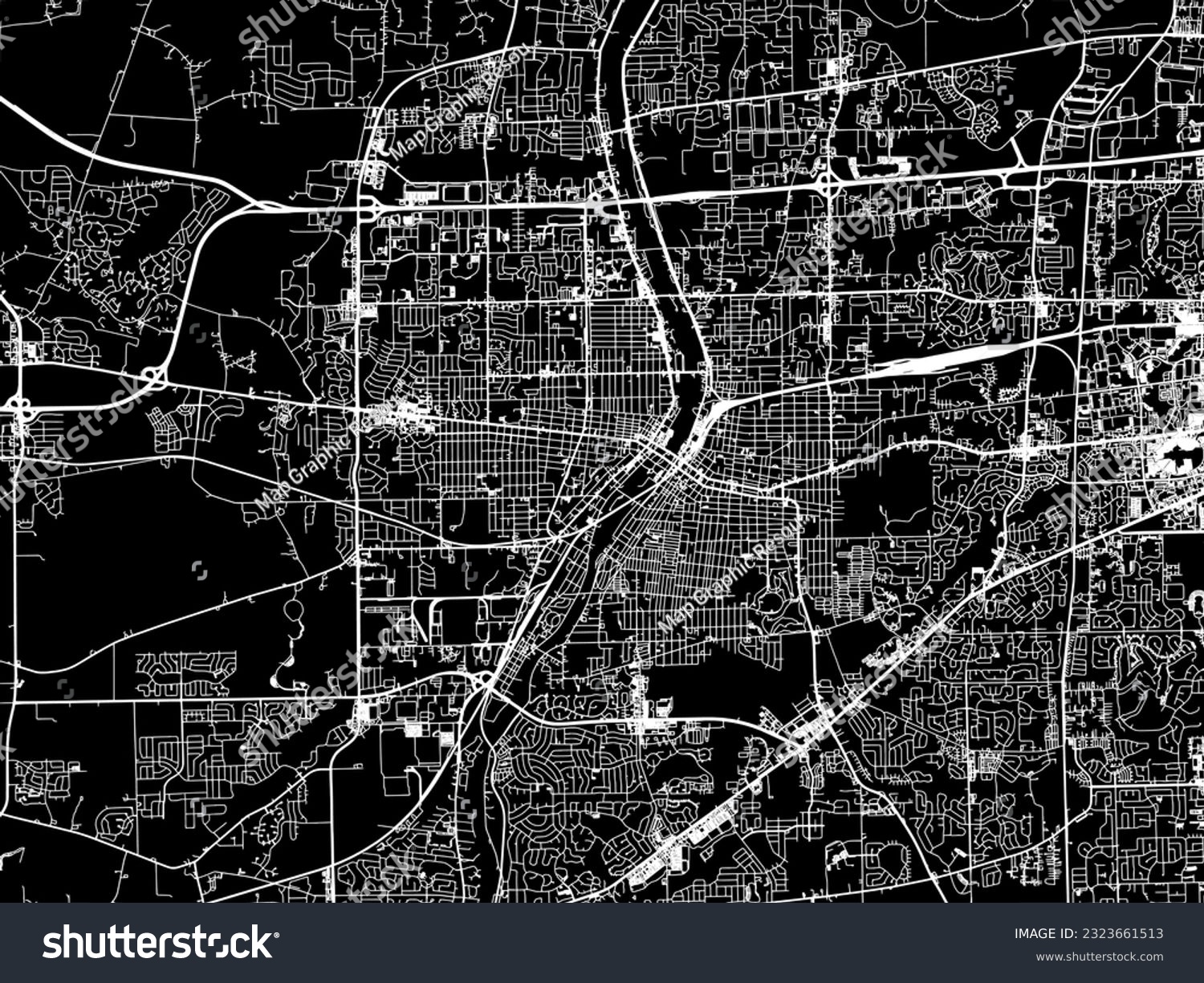 SVG of Vector city map of Aurora Illinois in the United States of America with white roads isolated on a black background. svg