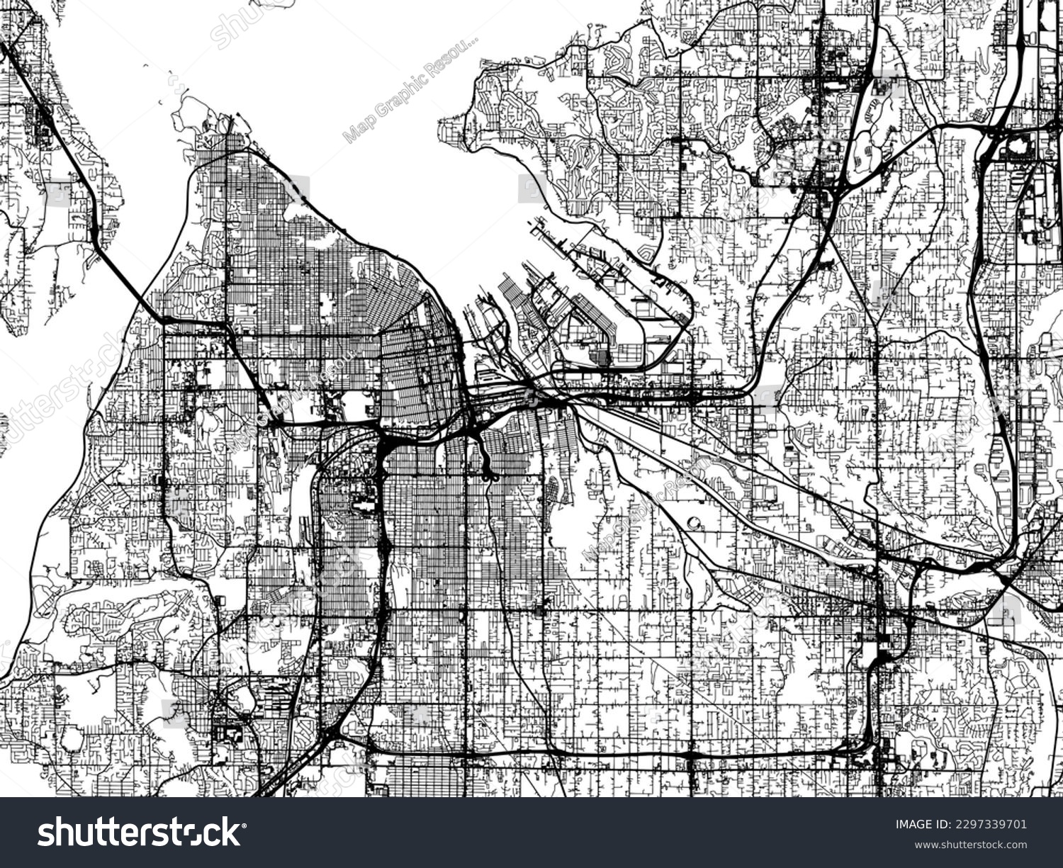 SVG of Vector city map of Tacoma Washington in the United States of America with black roads isolated on a white background. svg