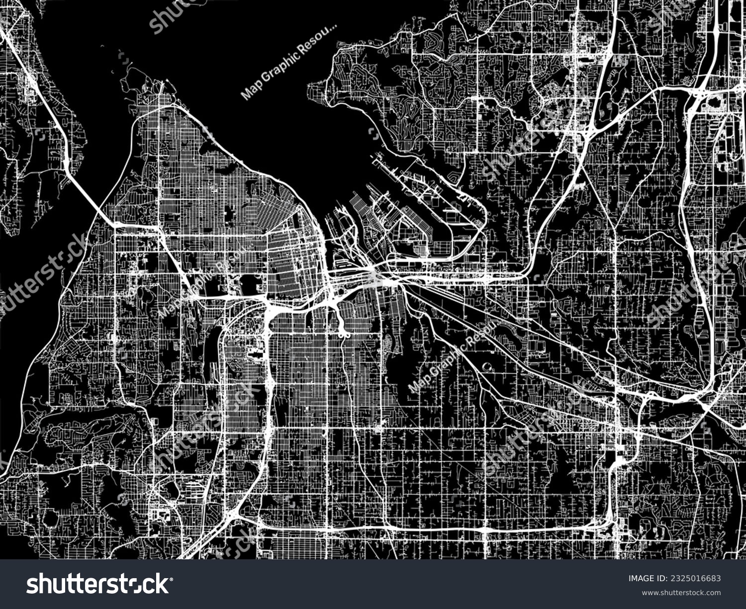 SVG of Vector city map of Tacoma Washington in the United States of America with white roads isolated on a black background. svg