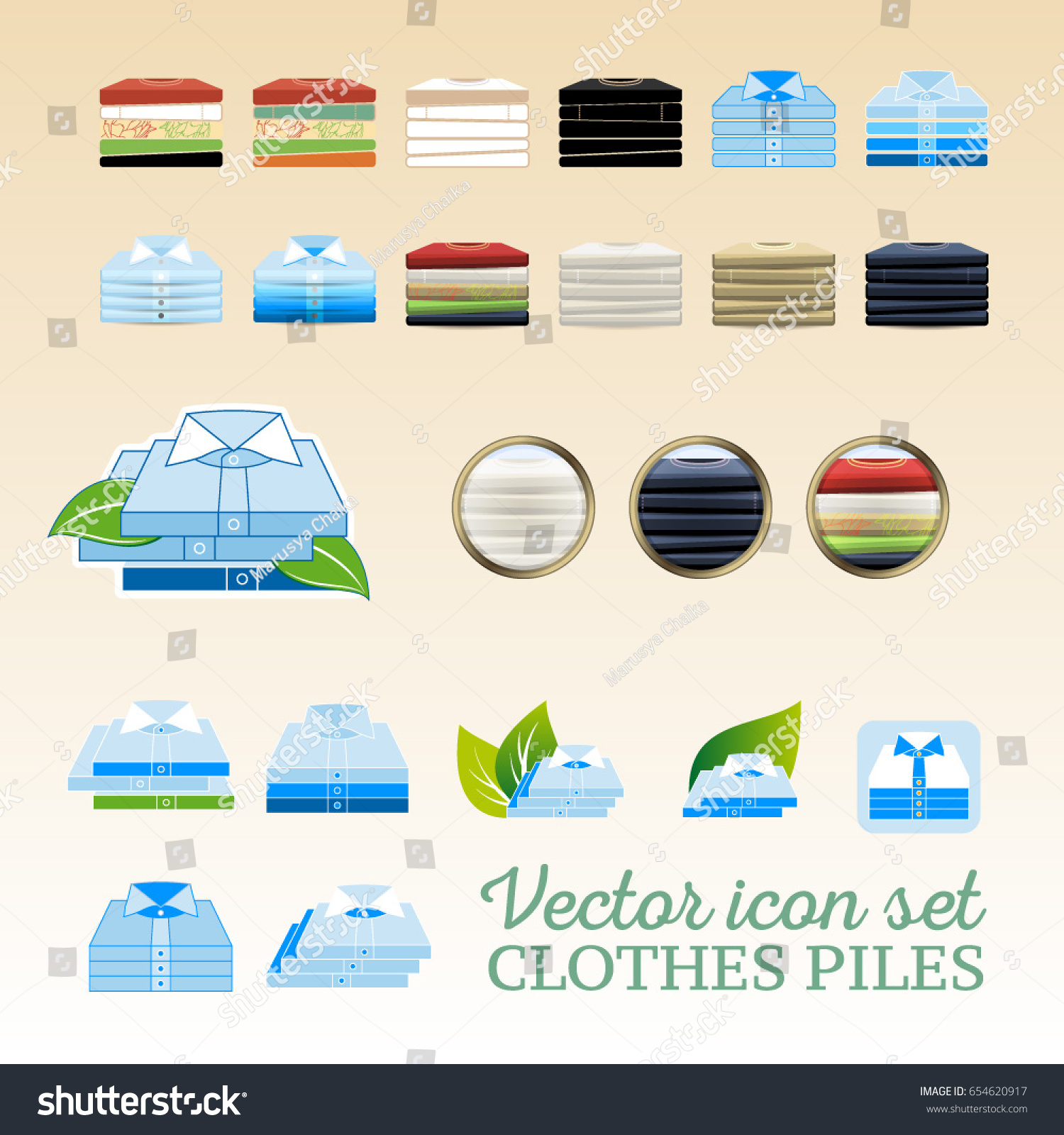 SVG of Vector clothing piles flat and realistic icon set with leaves and shadows. T-shirt piles and undervest piles in different colors. Suitable for washing powder box or print instruction.  svg