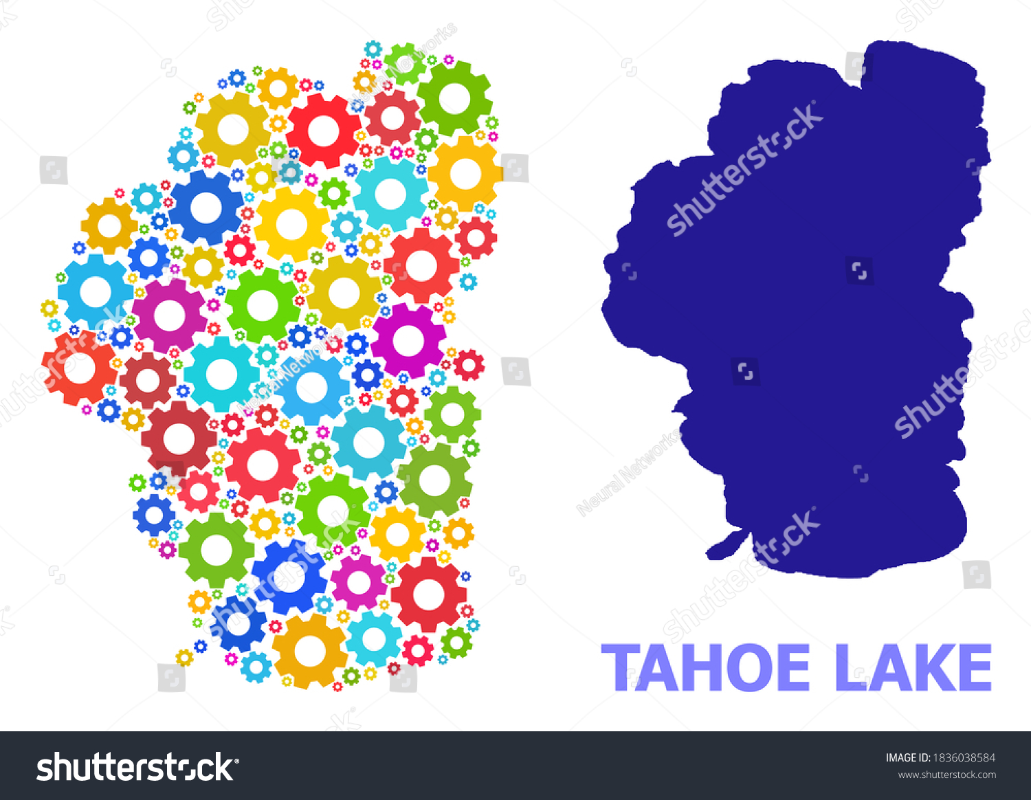 SVG of Vector collage map of Tahoe Lake done for engineering. Mosaic map of Tahoe Lake is shaped of random bright gear wheels. Engineering components in bright colors. svg