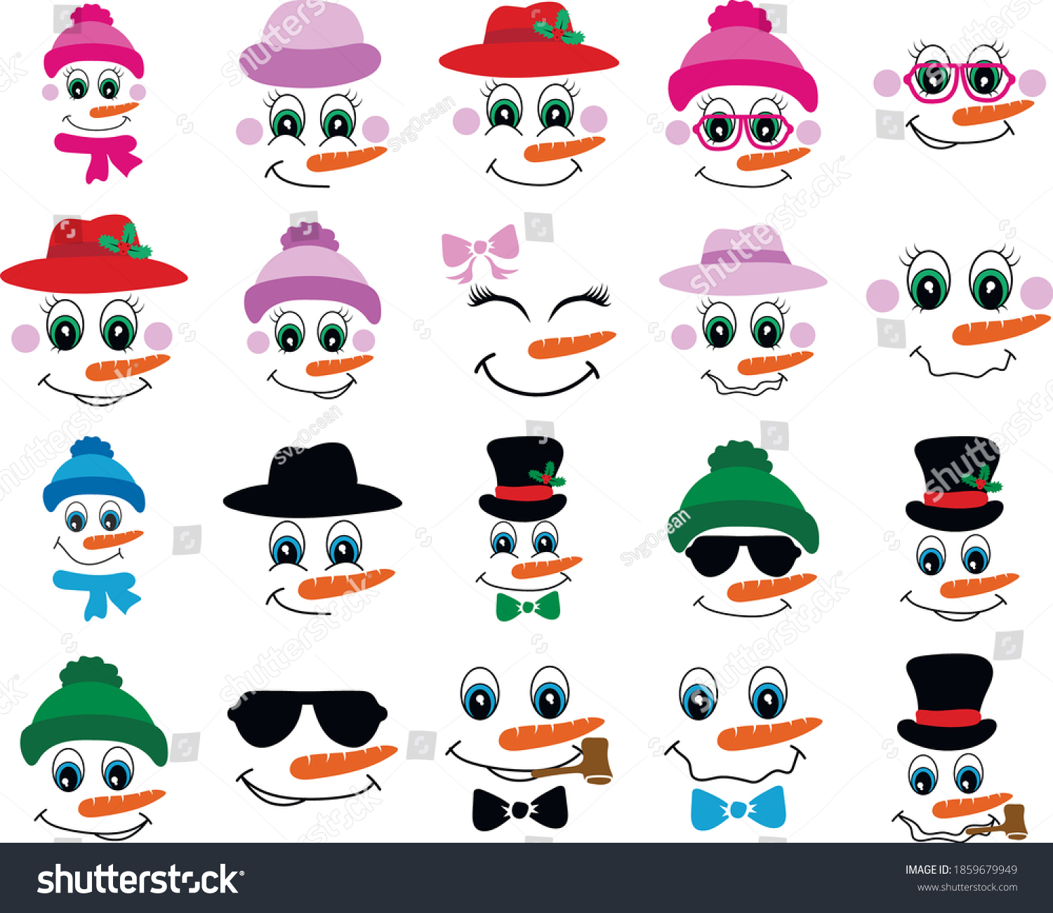 SVG of Vector Collection of Cute Snowman and Snowman girl Faces. Big eyes, carrot nose svg