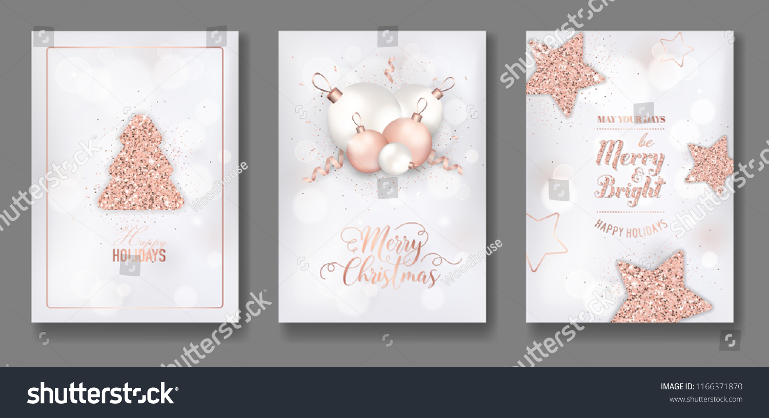 SVG of vector collection of elegant merry christmas cards with shining rose gold glitter xmas balls star christmas tree flyer and new year brochure 2019 svg