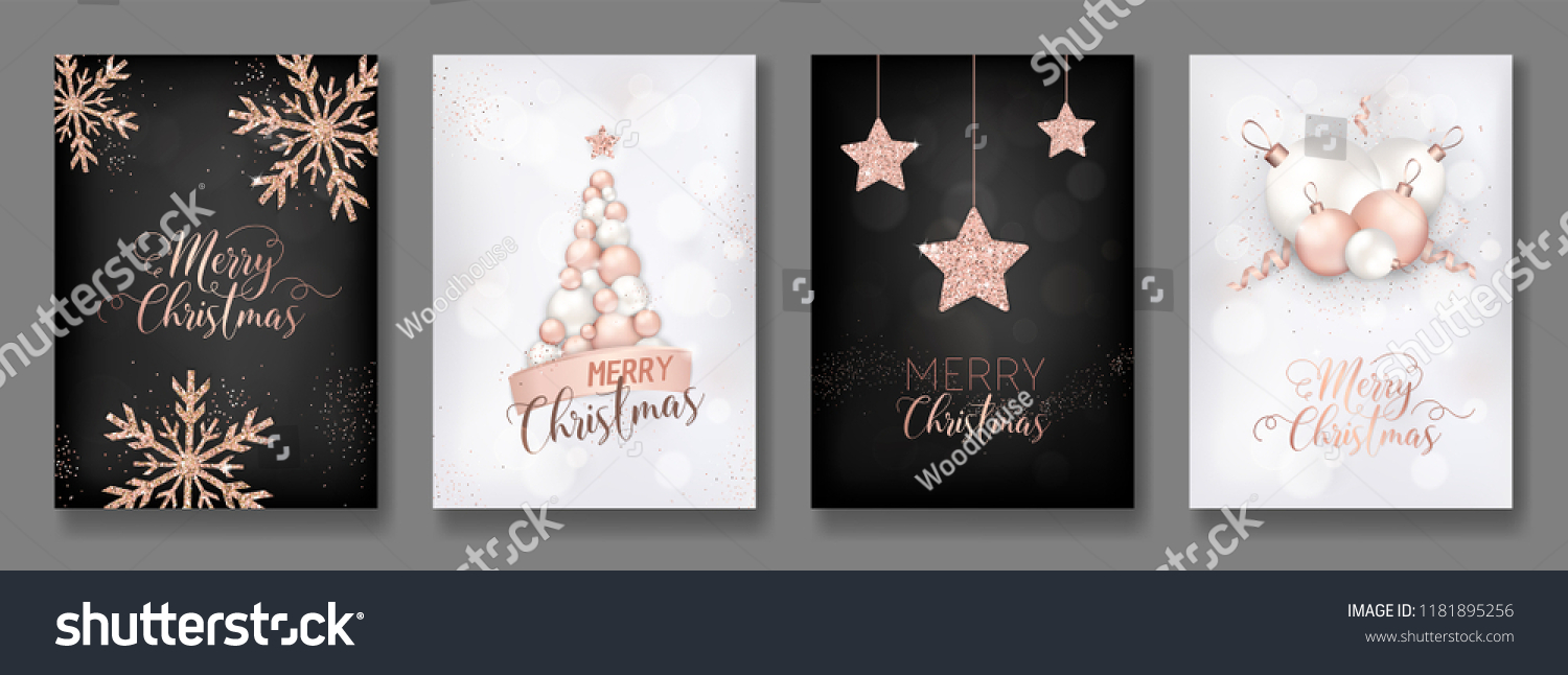 SVG of vector collection of merry christmas cards with rose gold glitter christmas balls star christmas tree flyer and new year brochure 2019 svg