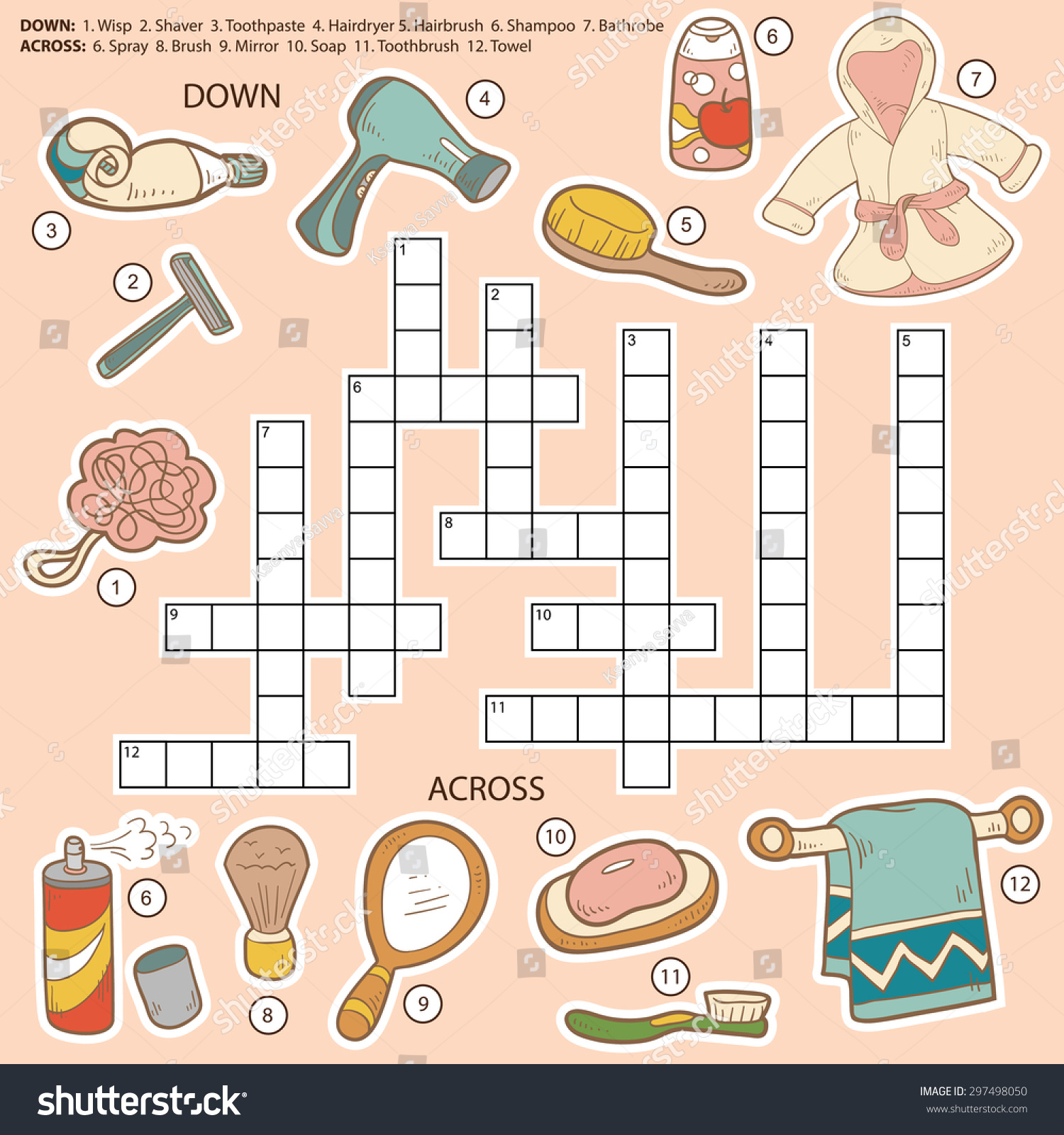 SVG of Vector color crossword, education game for children about bathroom and beauty items (wisp, shaver, toothpaste, hairdryer, hairbrush, shampoo, bathrobe, spray, mirror, soap, towel) svg