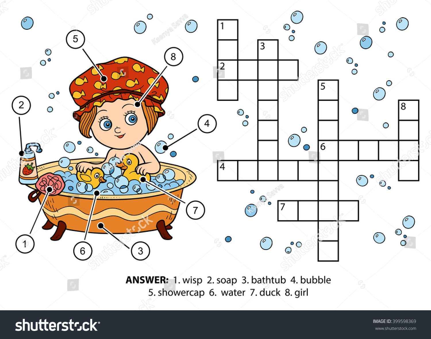 SVG of Vector color crossword, education game for children. The girl takes a bath with foam svg