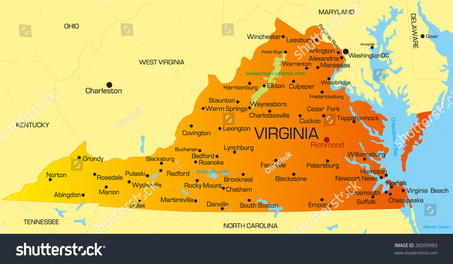 Vector Color Map Virginia State Usa Stock Vector Royalty Free