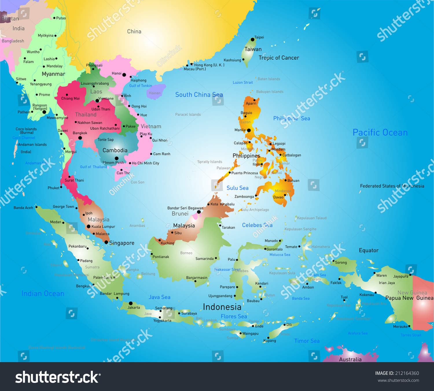 Vector Color Southeast Asia Map Stock Vector 212164360 - Shutterstock