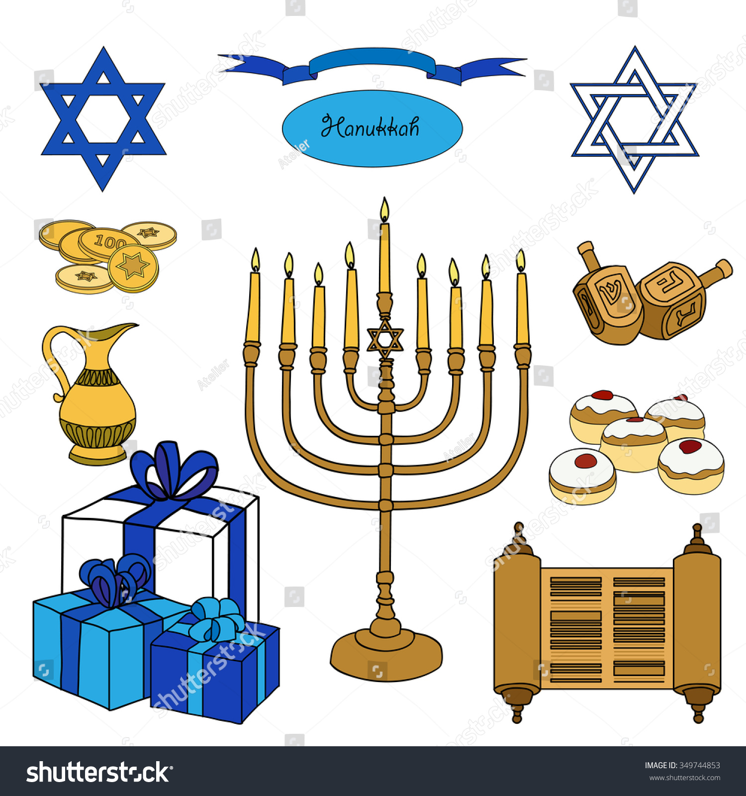 Vector Colorful Set Hanukkah Objects Jewish Stock Vector (Royalty Free ...