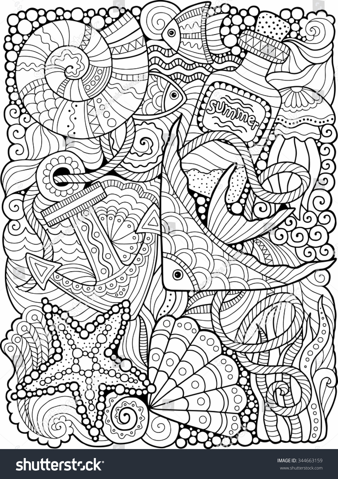 Vector Coloring Book Adult Summers Sea Stock Vector ...