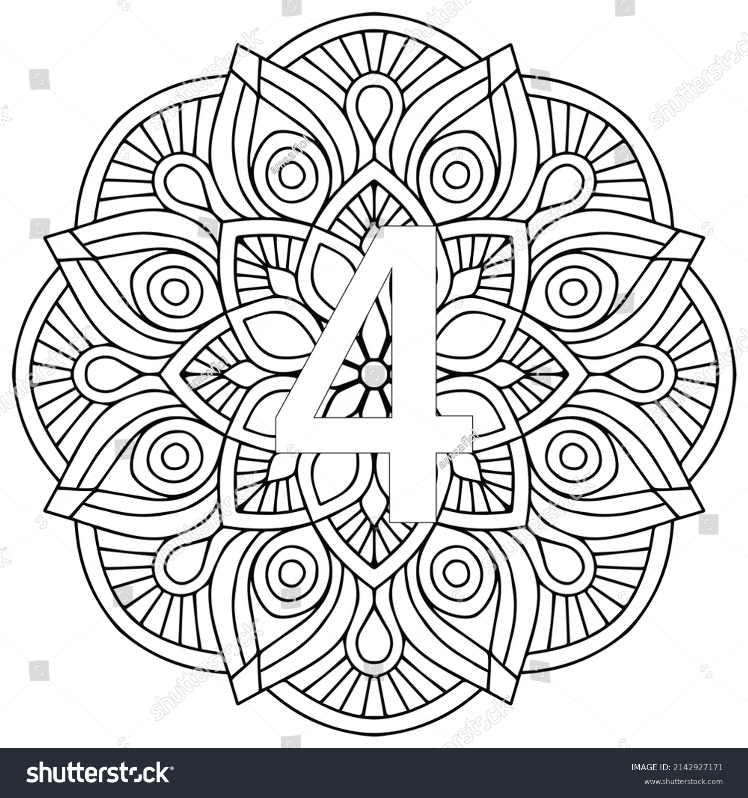 SVG of Vector Coloring page for adults. Contour black and white Number 4 on a beautiful mandala background svg