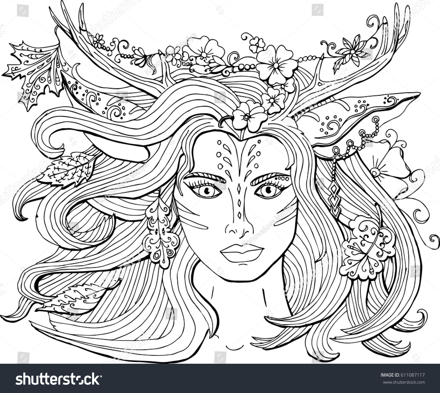 Vector coloring pages for adults ornament beautiful fantasy girl deer with antlers The spirit of