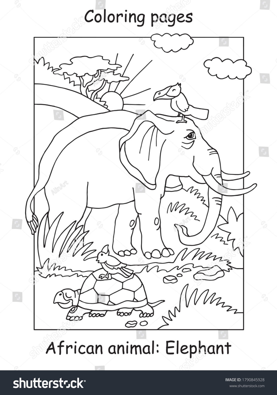 Vector Coloring Pages Cute Elephant African Stock Vector Royalty Free   Stock Vector Vector Coloring Pages With Cute Elephant In African Area Cartoon Contour Illustration Isolated On 1790845928 