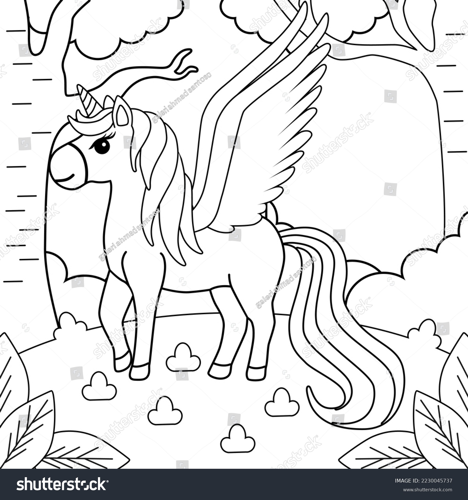 SVG of vector coloring unicorn in the garden svg