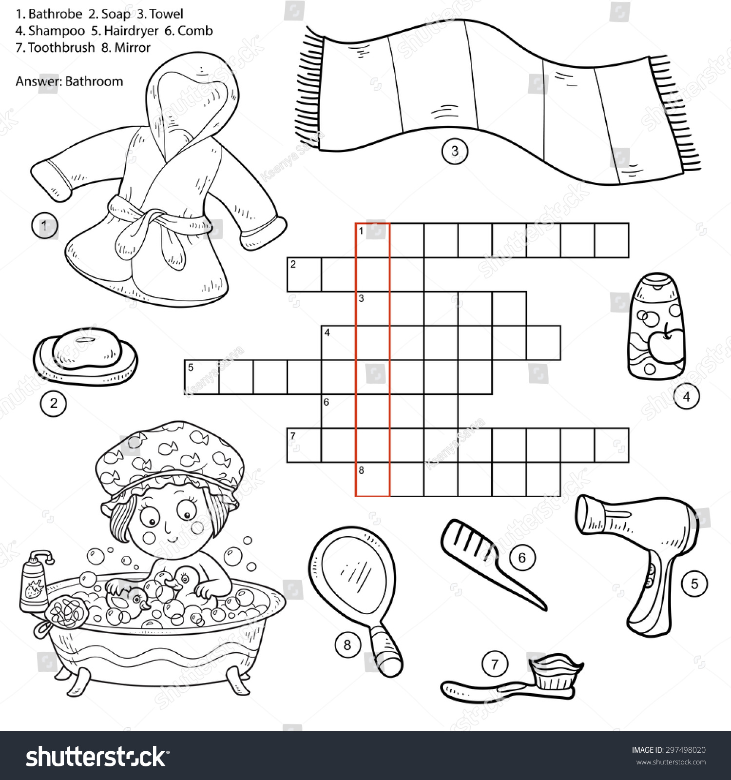 SVG of Vector colorless crossword, education game for children about bathroom and beauty items (bathrobe, soap, towel, shampoo, hairdryer, comb, toothbrush, mirror) svg