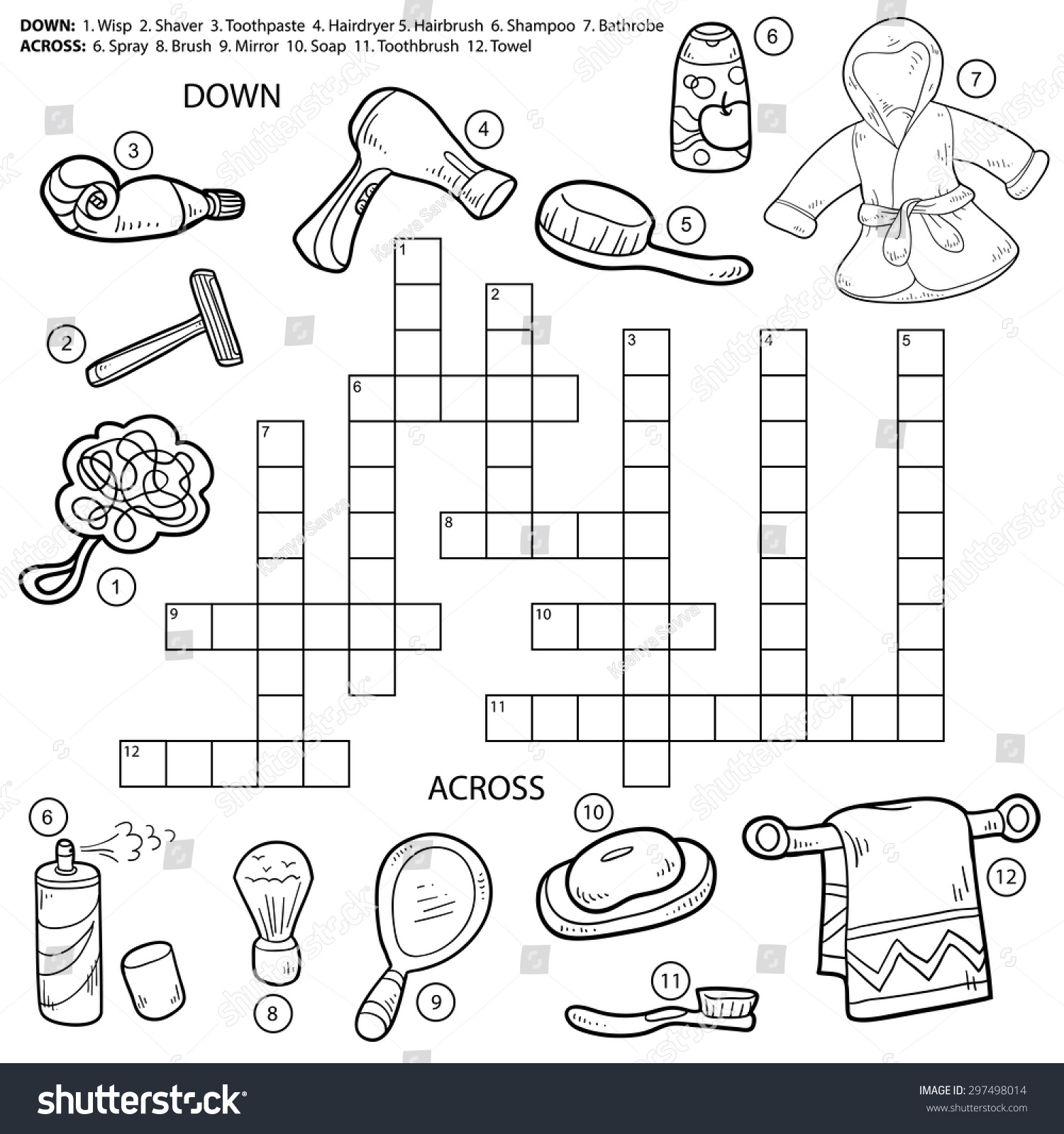 SVG of Vector colorless crossword, education game for children about bathroom and beauty items (wisp, shaver, toothpaste, hairdryer, hairbrush, shampoo, bathrobe, spray, mirror, soap, towel) svg