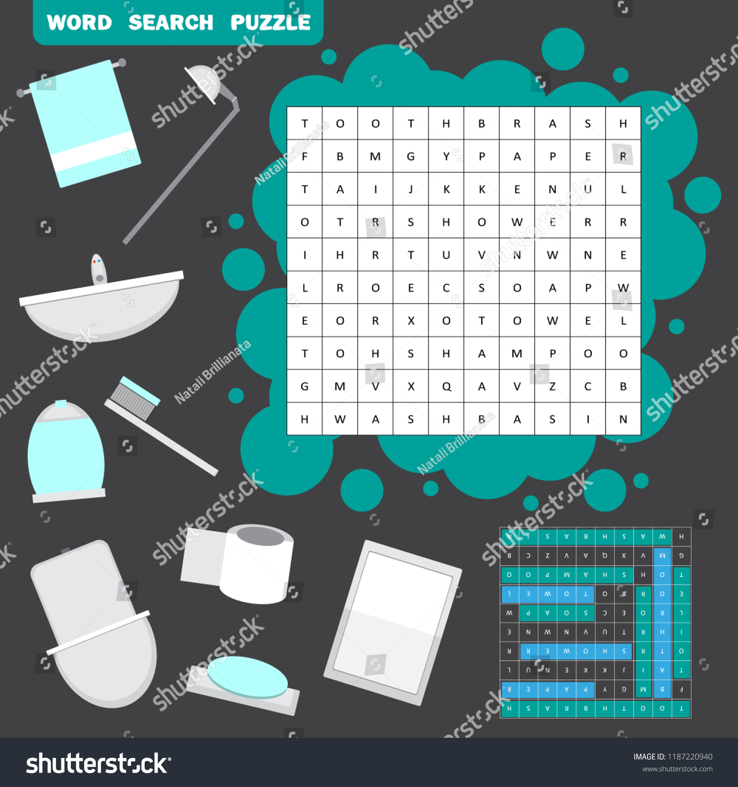 SVG of Vector colorless crossword, education game for children about bathroom - interior - mirror, bath, toilet, sink, towel, soap and more. svg