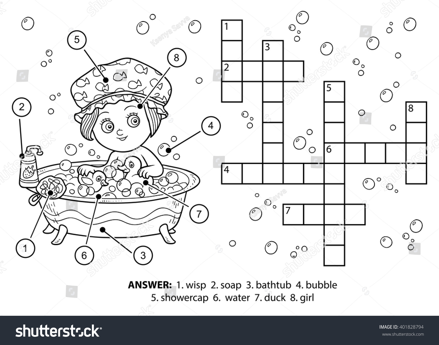 SVG of Vector colorless crossword, education game for children. The girl takes a bath with foam svg