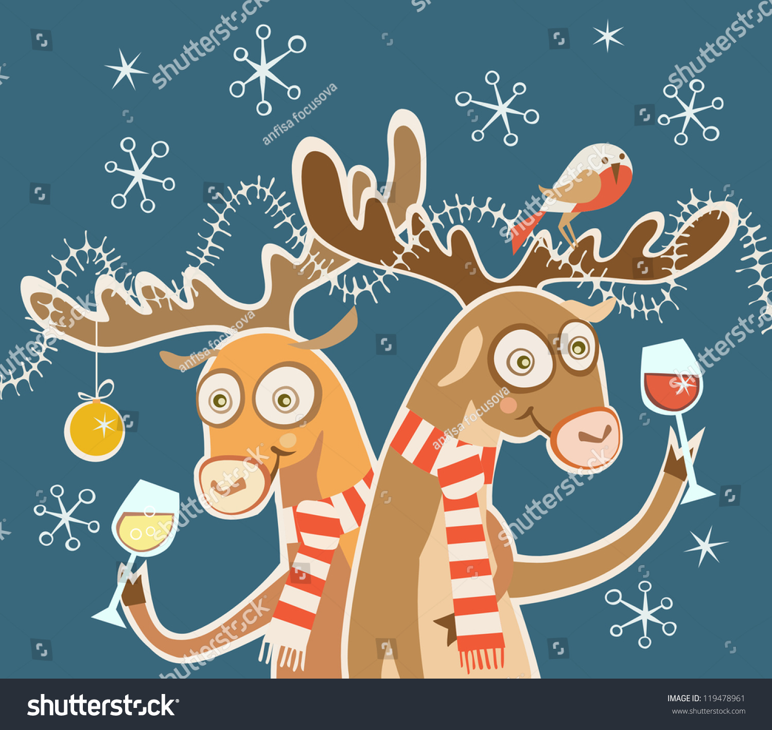 Vector ic christmas card Couple of cheerful reindeer with glasses of wine bird