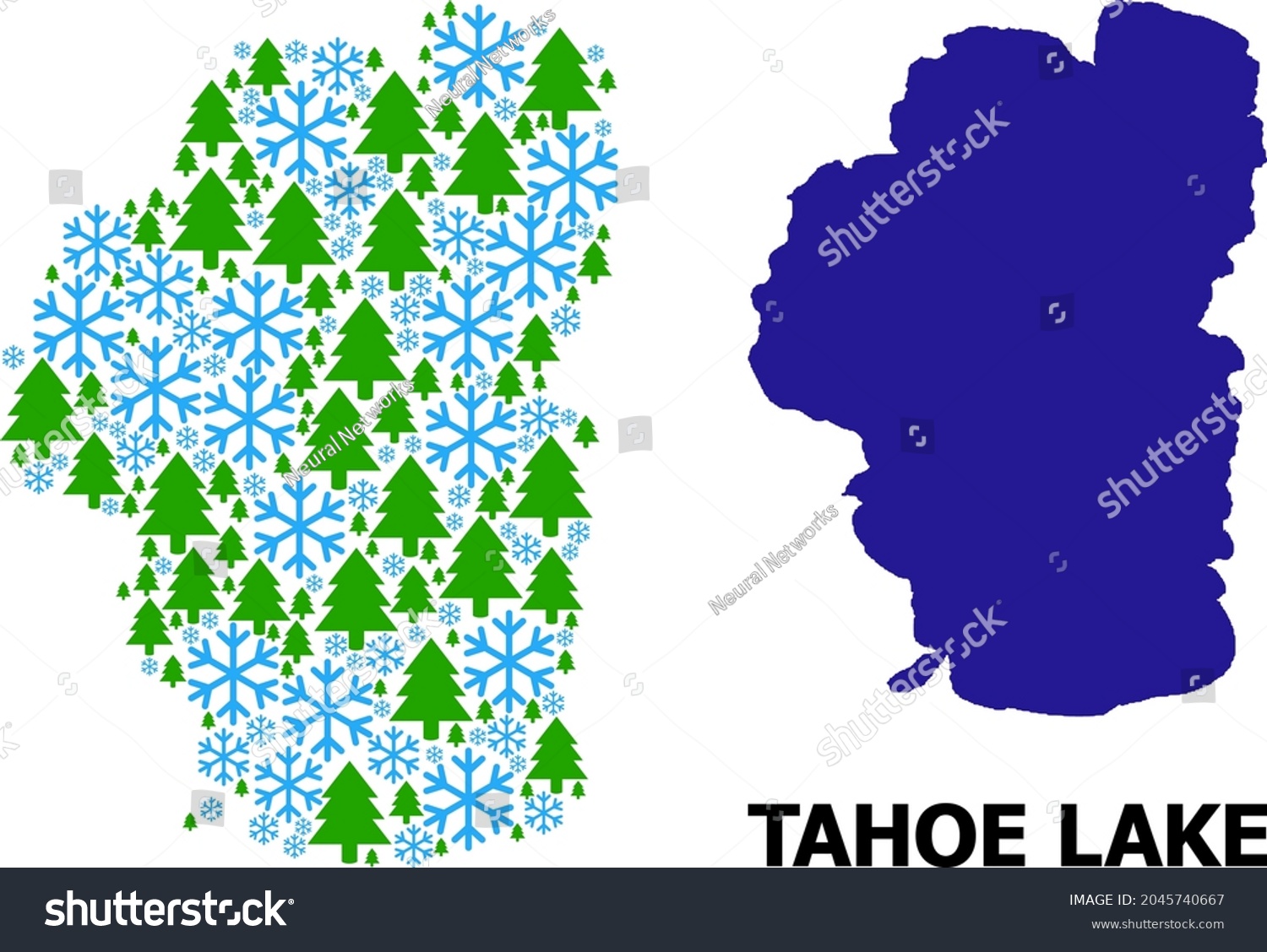 SVG of Vector composition map of Tahoe Lake created for New Year, Christmas, and winter. Mosaic map of Tahoe Lake is created from snow and fir trees. svg