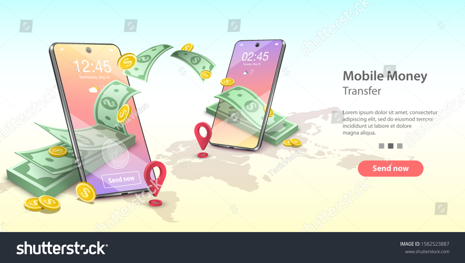SVG of Vector concept illustration of mobile money transfer. Two smartphones and bundle of the banknotes and coins are flying from one smartphone to the other. Template for website landing page. svg
