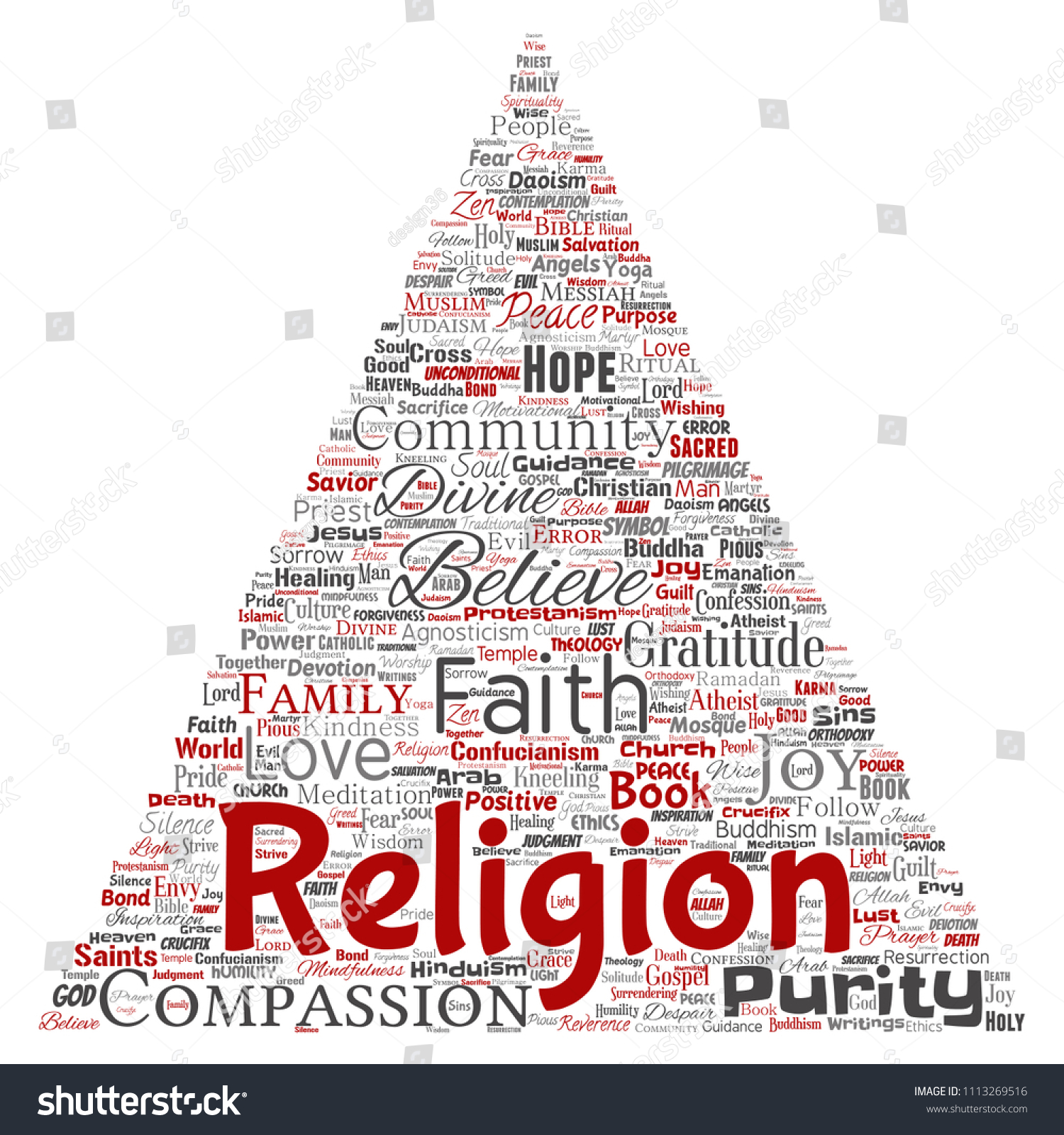 Vector conceptual religion god faith spirituality triangle arrow red word cloud isolated background