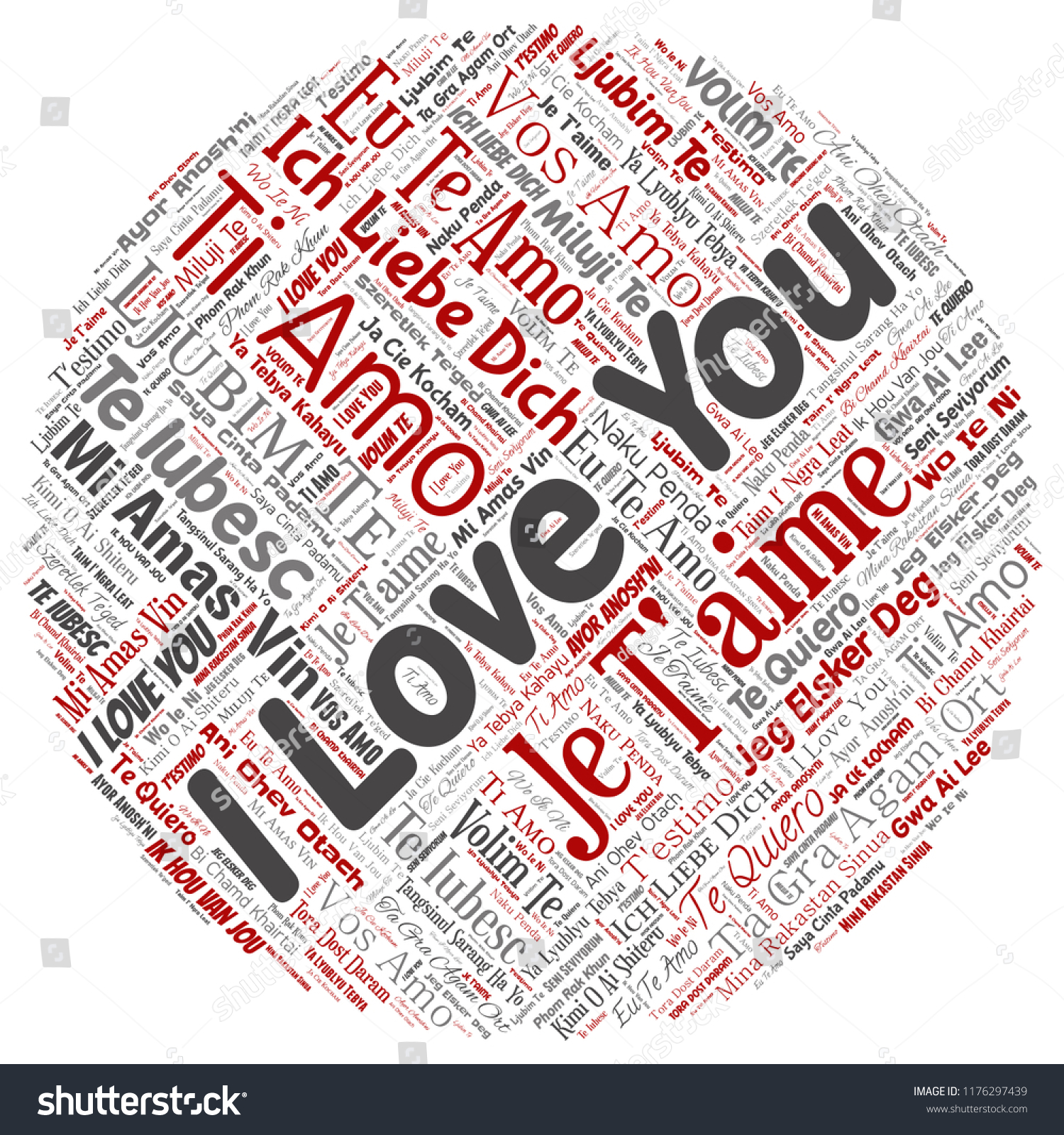 Vector Conceptual Sweet Romantic I Love You Multilingual Message Round Circle Red Word Cloud Isolated Background Vector Conceptual Sweet Romantic I Love You Multilingual Message Round Circle Red Word Cloud Isolated Background
