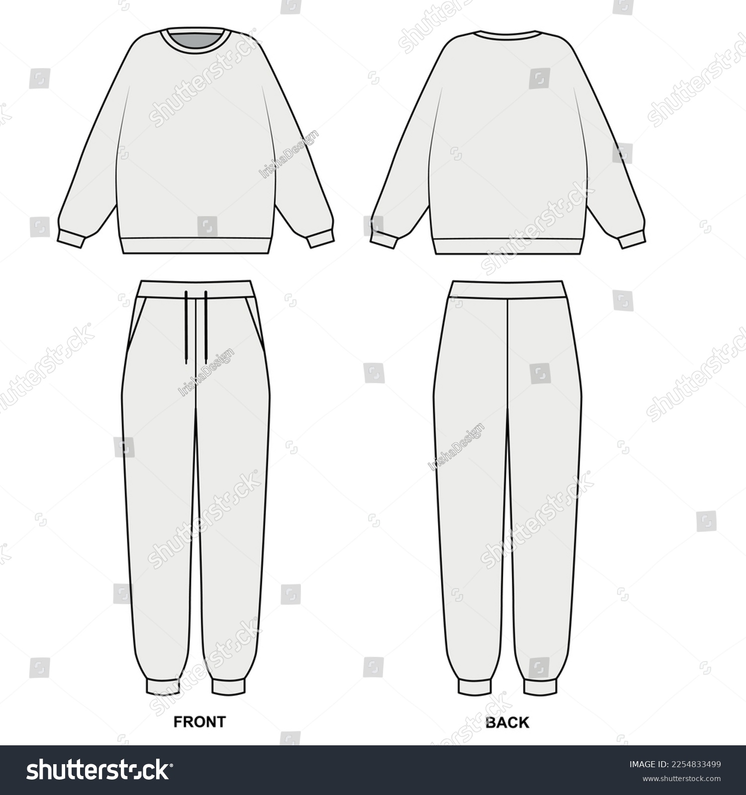 SVG of Vector contour drawing of a crew-neck sweatshirt and sweatpants. Tracksuit template, front and back view. Hoodie and joggers sketch on white background, vector. Sweatshirt and pants training suit. svg