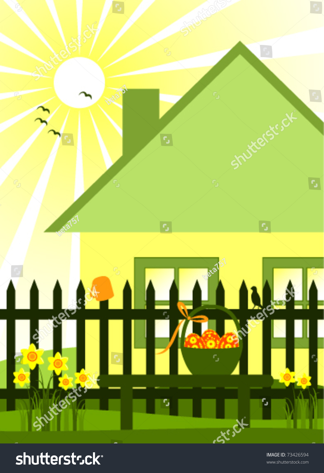 Vector Cottage Picket Fence Daffodils Easter Stock Vector Royalty