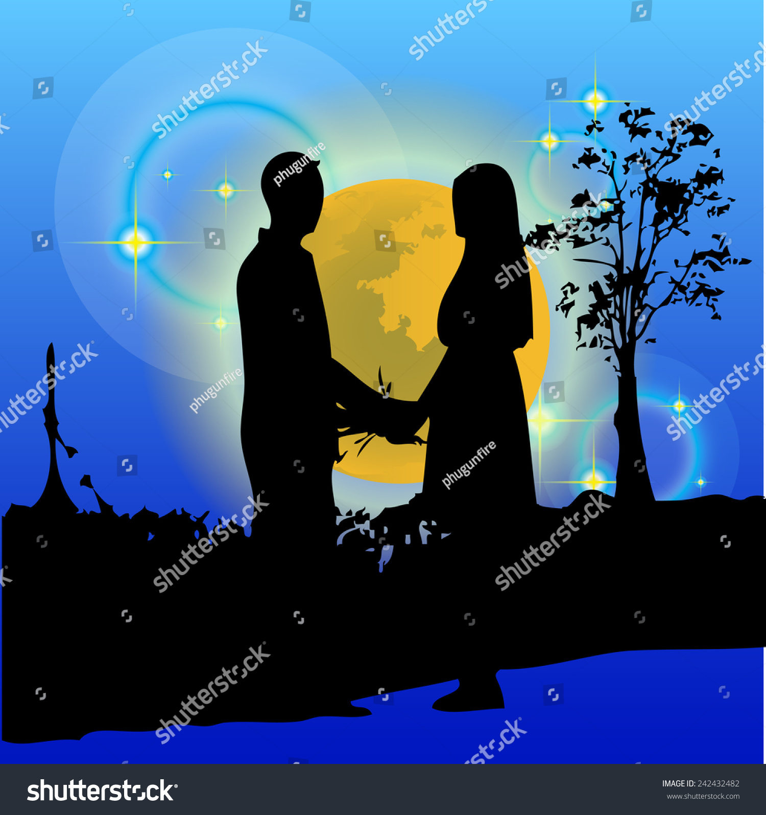 Vector Couple Silhouette Under Moon Scene Stock Vector (Royalty Free ...