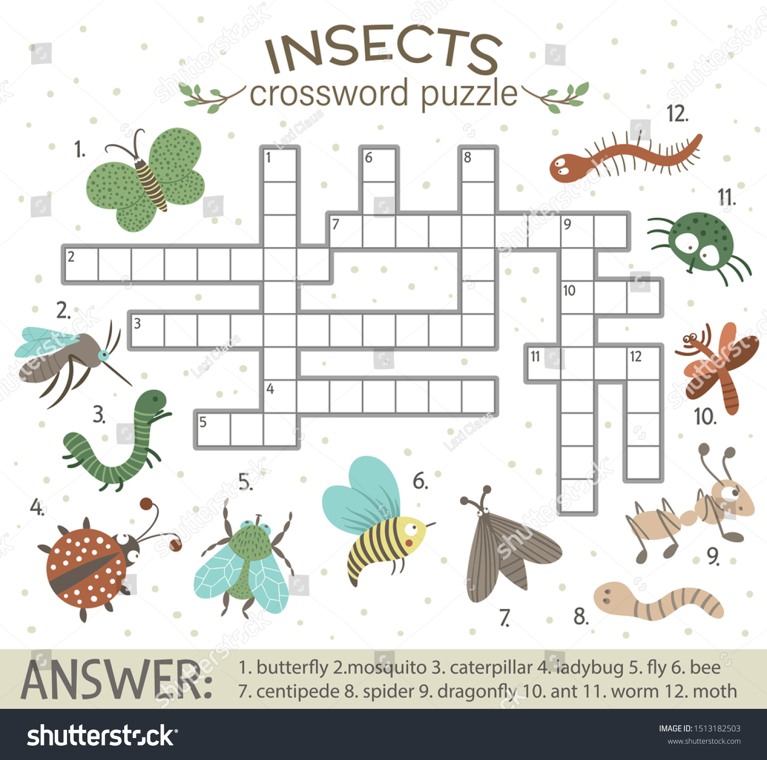 Vector Crossword Puzzle Forest Insects Bright Stock Vector (Royalty