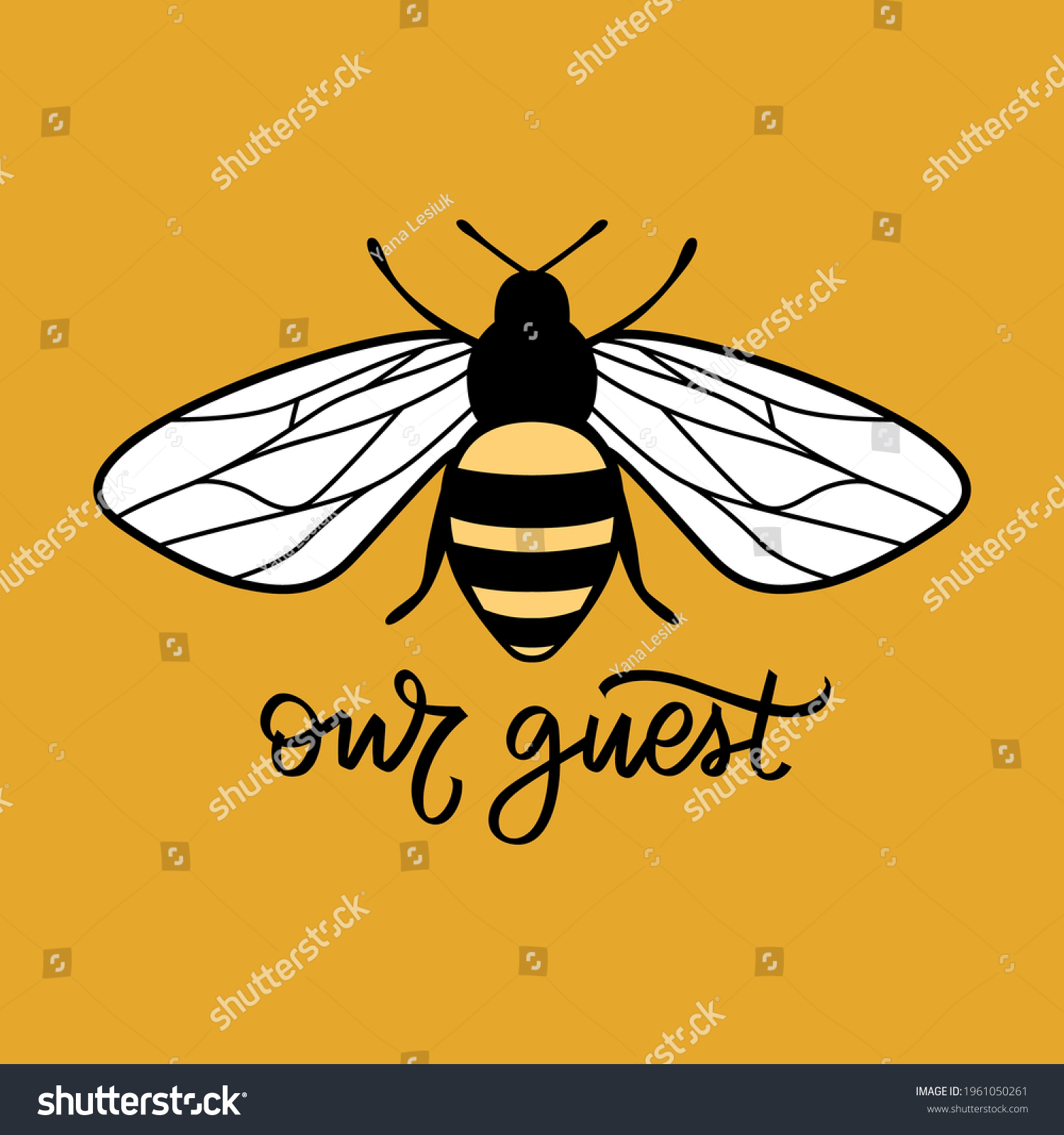 SVG of Vector cute bee illustration in flat style. Cartoon flying honey bee character isolated on yellow background. Buzzing insect. Funny and positive quote, pun or phrase. Bee our guest. svg