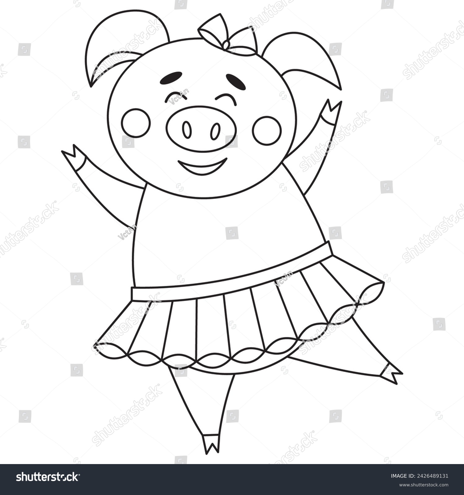 recommend clip art: Vector cute cartoon pig dancing in ballet tutu isolated on white. Outline coloring book page design. Farm animal character. Clipart piggy illustration