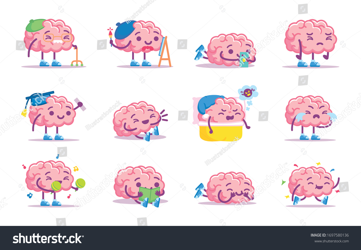 Vector Cute Cartoon Pink Brains Set Stock Vector (Royalty Free ...