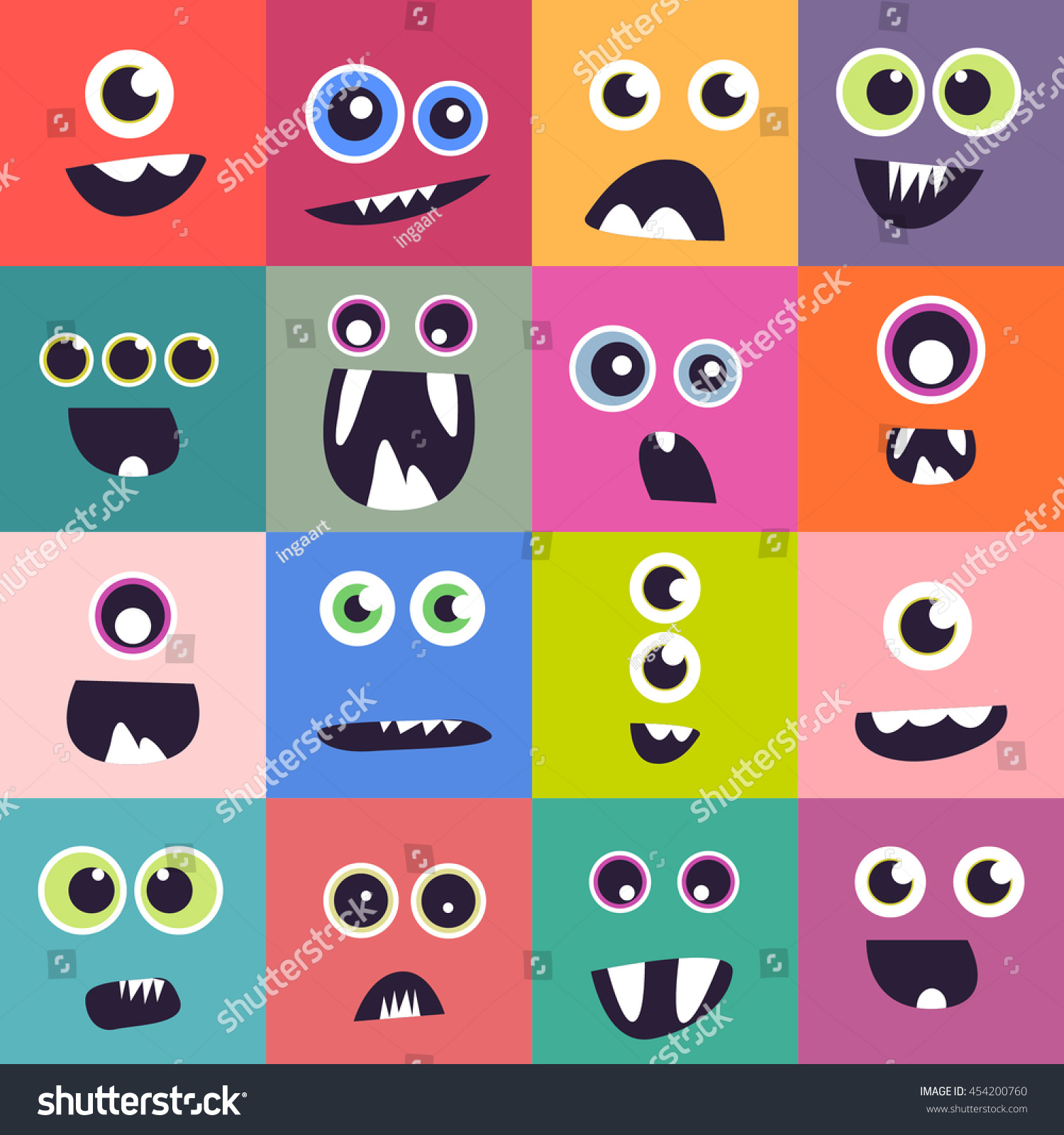 Vector Cute Hand Drawing Funny Monster Faces Set Background - 454200760 ...